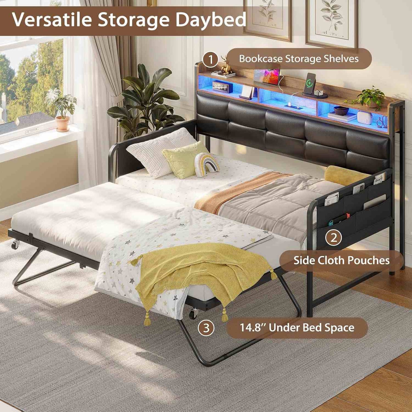 Twin Daybeds with Trundle and Upholstered Headboard Black