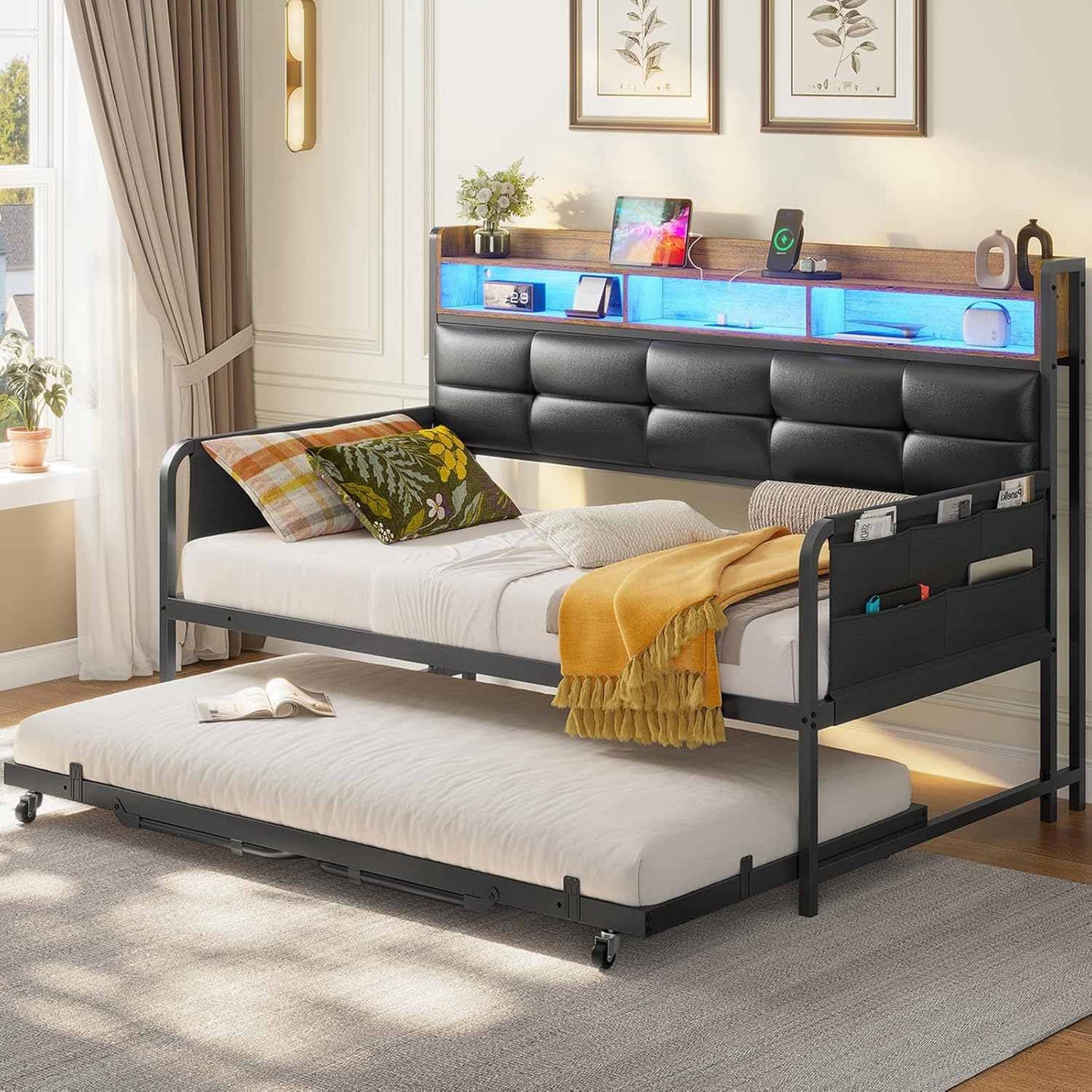 Twin Daybeds with Trundle and Upholstered Headboard Black