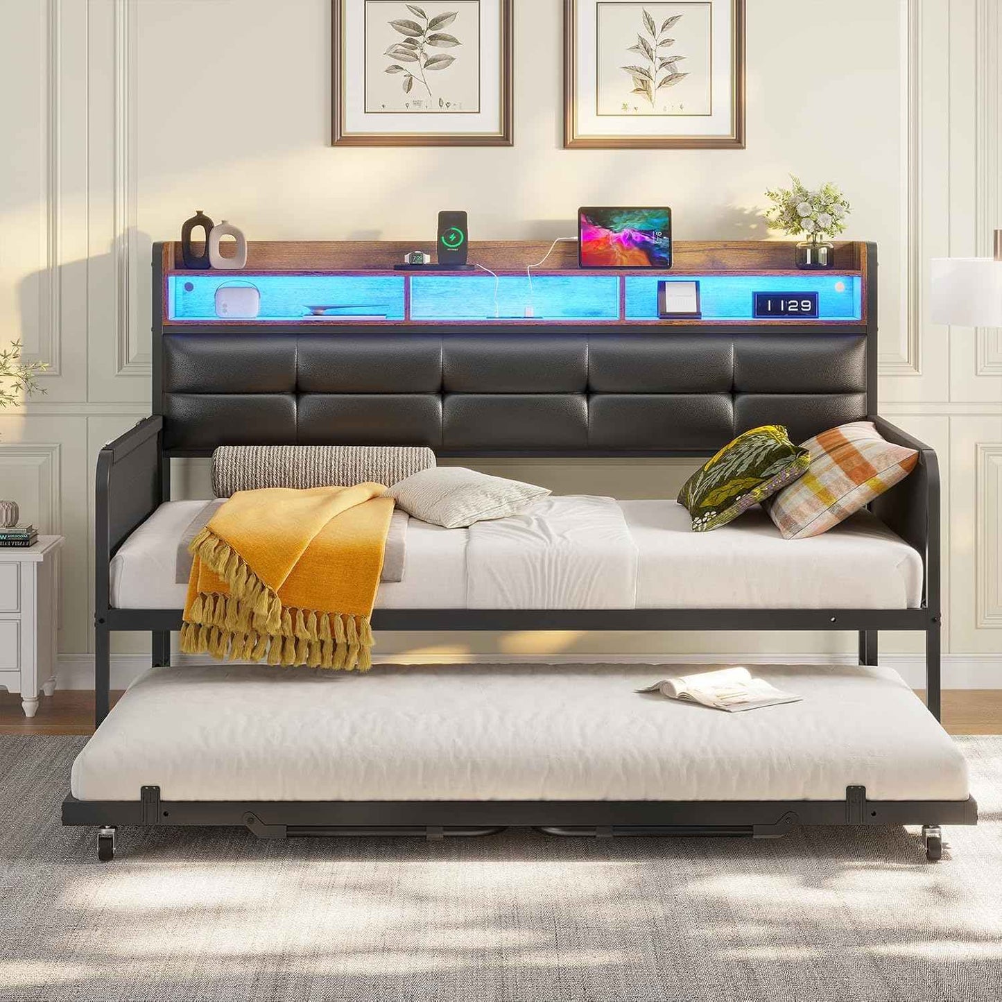 Twin Daybeds with Trundle and Upholstered Headboard Black