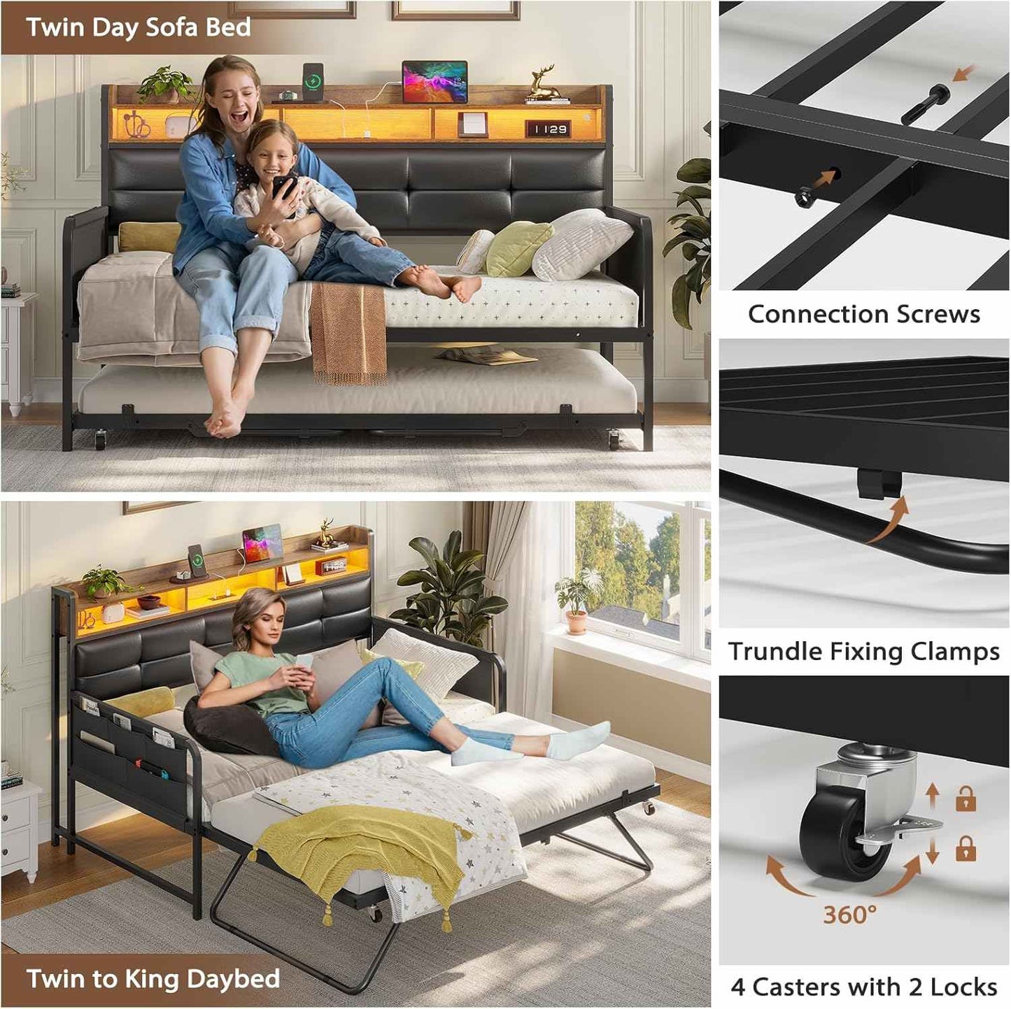 Twin Daybeds with Trundle and Upholstered Headboard Black