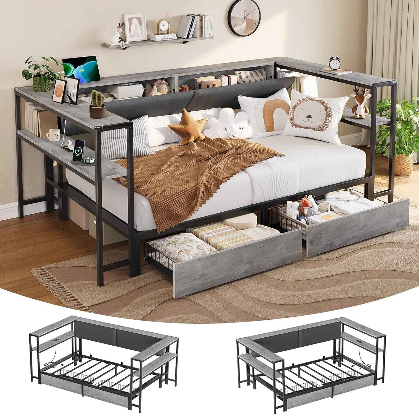 Twin Size Daybeds with Charging Station and Storage Shelves Grey