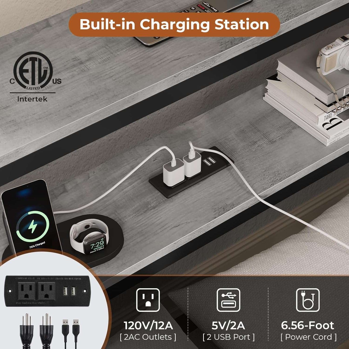 Twin Size Daybeds with Charging Station and Storage Shelves Grey