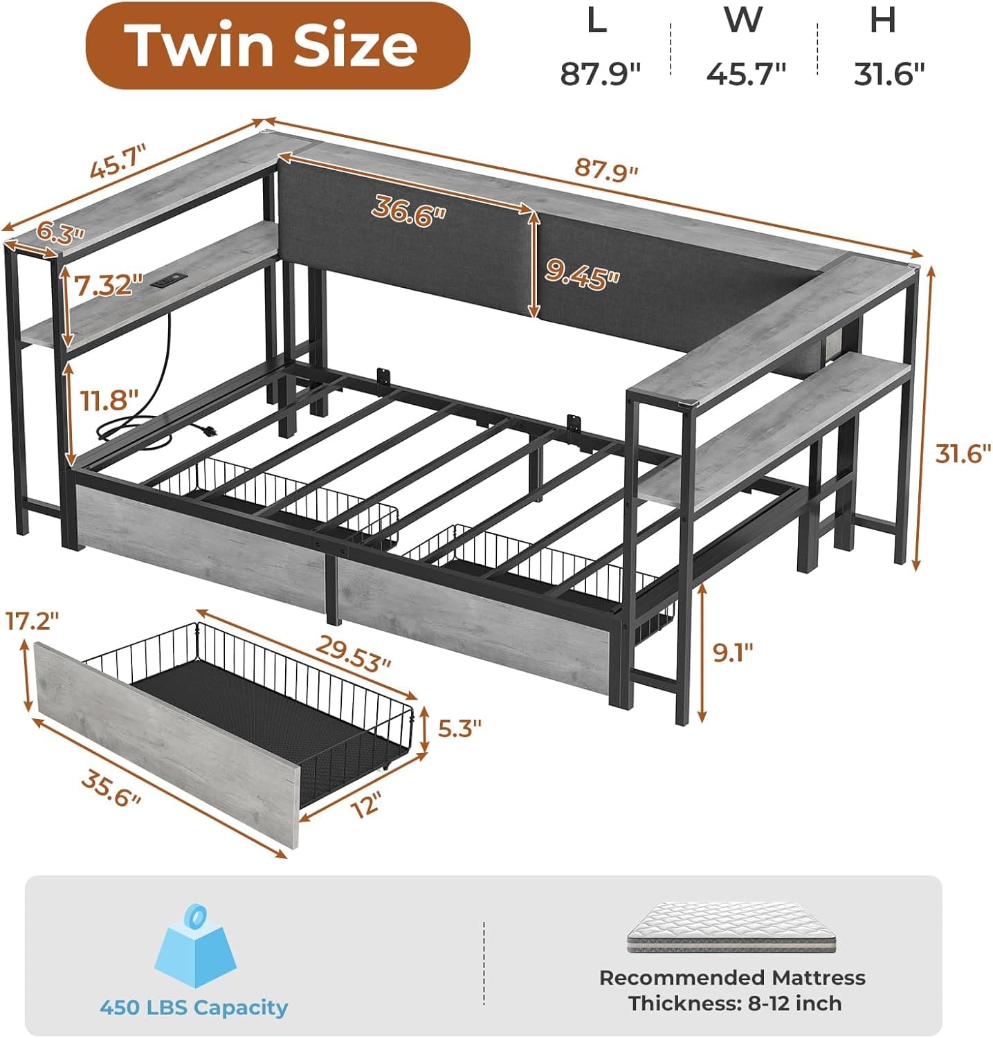 Twin Size Daybeds with Charging Station and Storage Shelves Grey