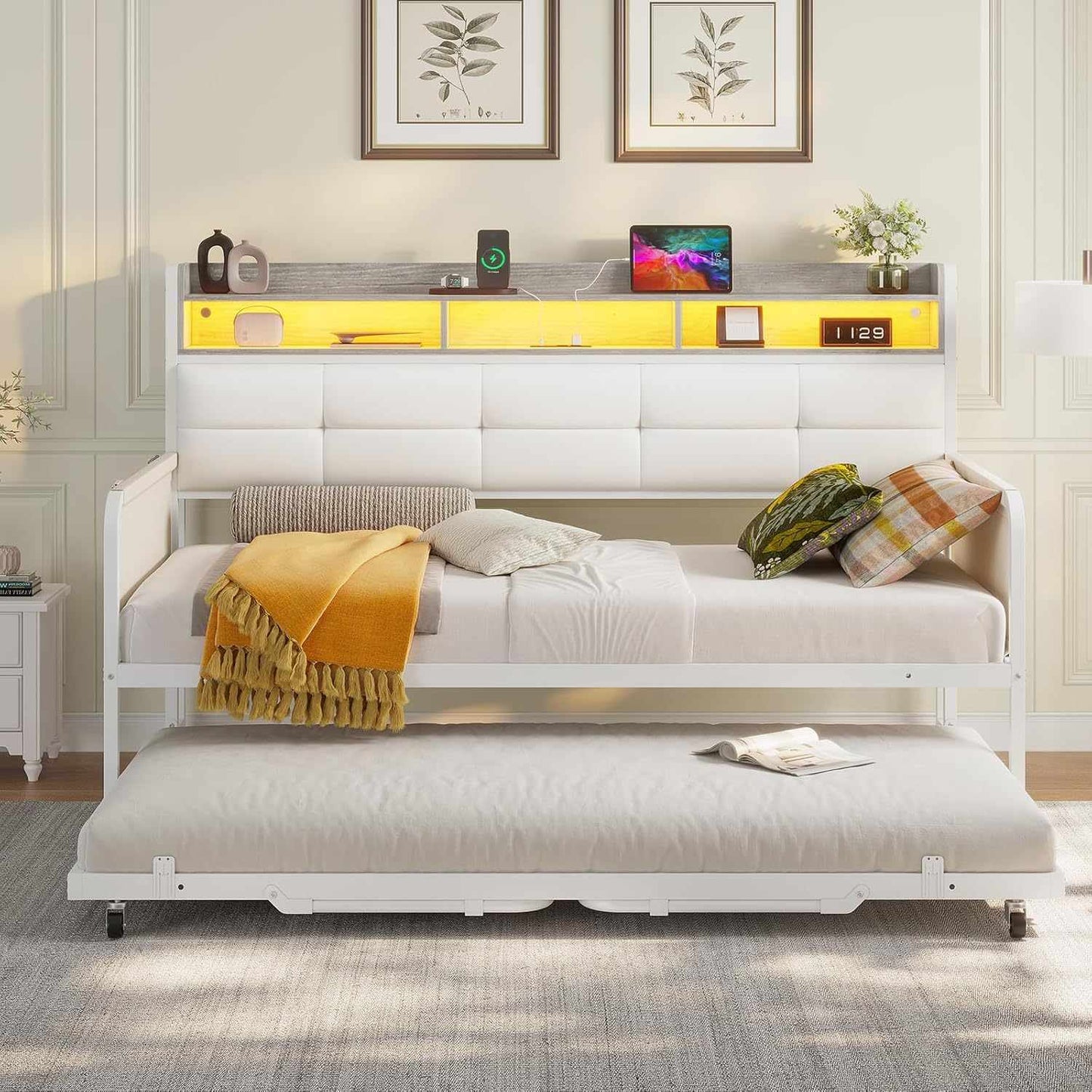 Twin Daybeds with Trundle and Upholstered Headboard White