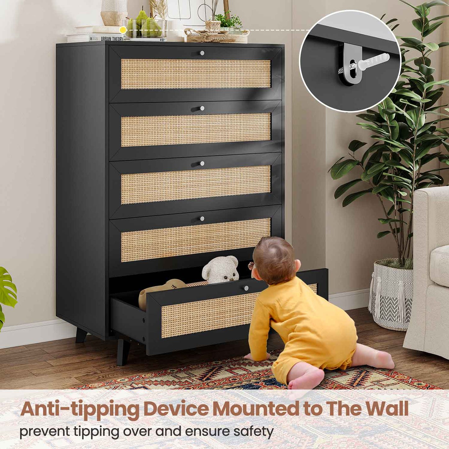 Natural Rattan Dresser with 5 Storage Drawers Black