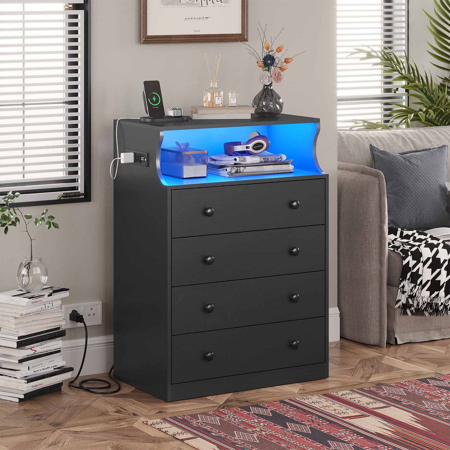 LED Tall Dresser with 4 Storage Drawers Black