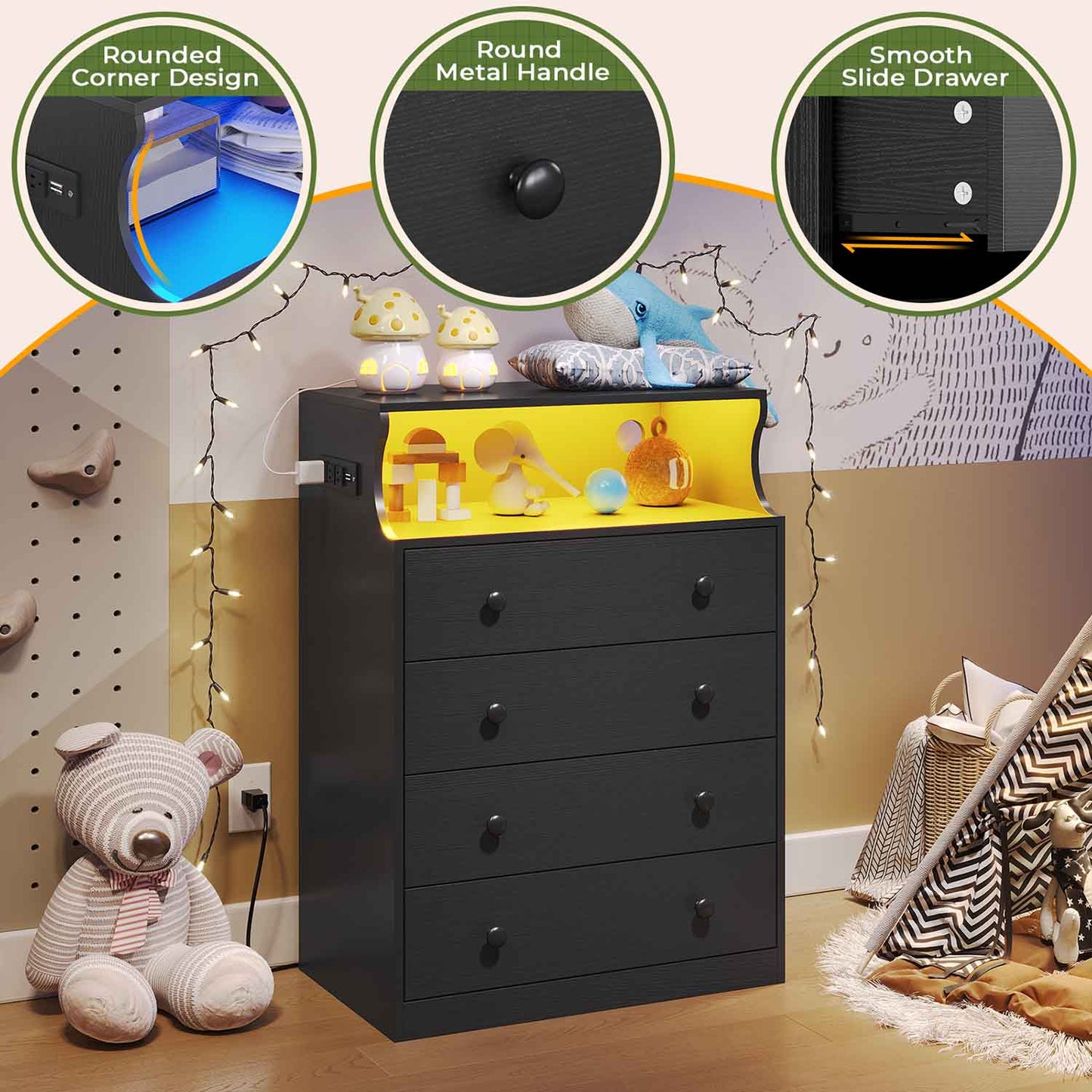 LED Tall Dresser with 4 Storage Drawers Black