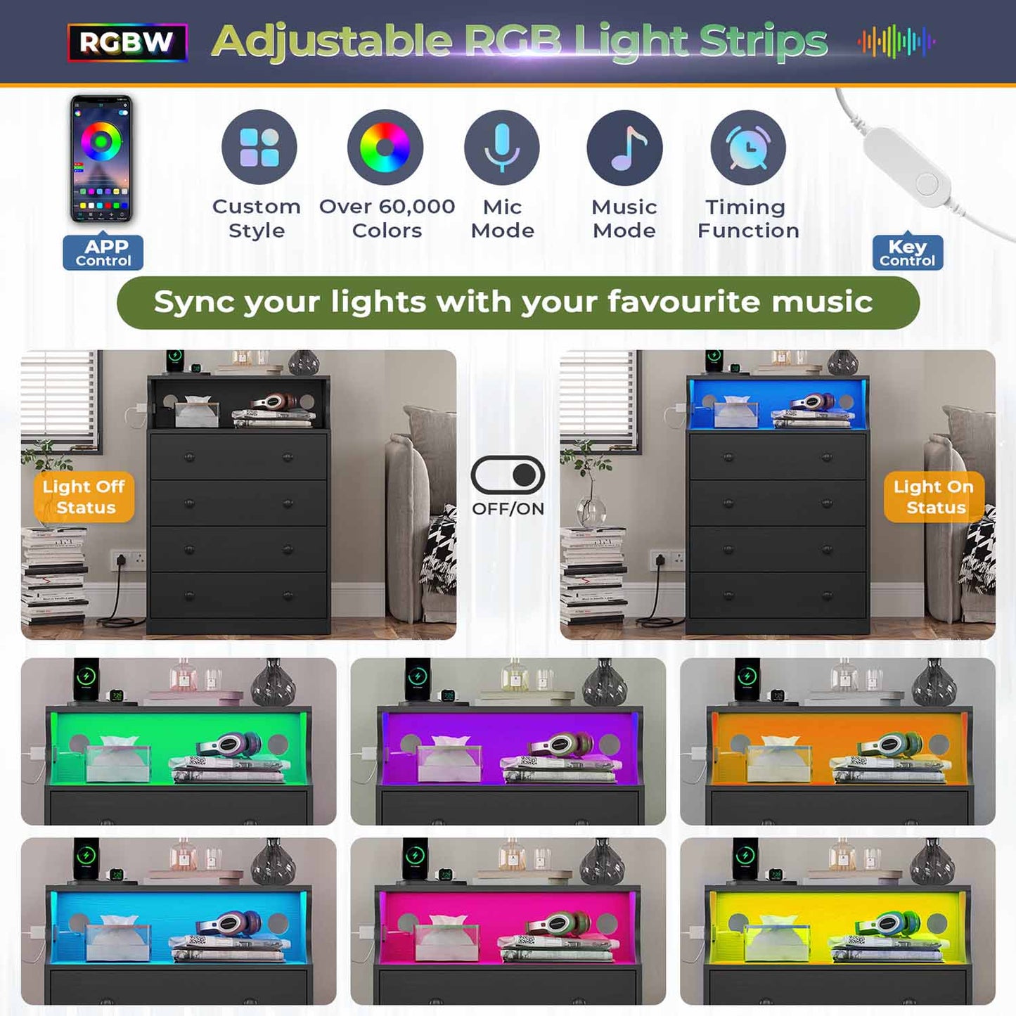 LED Tall Dresser with 4 Storage Drawers Black