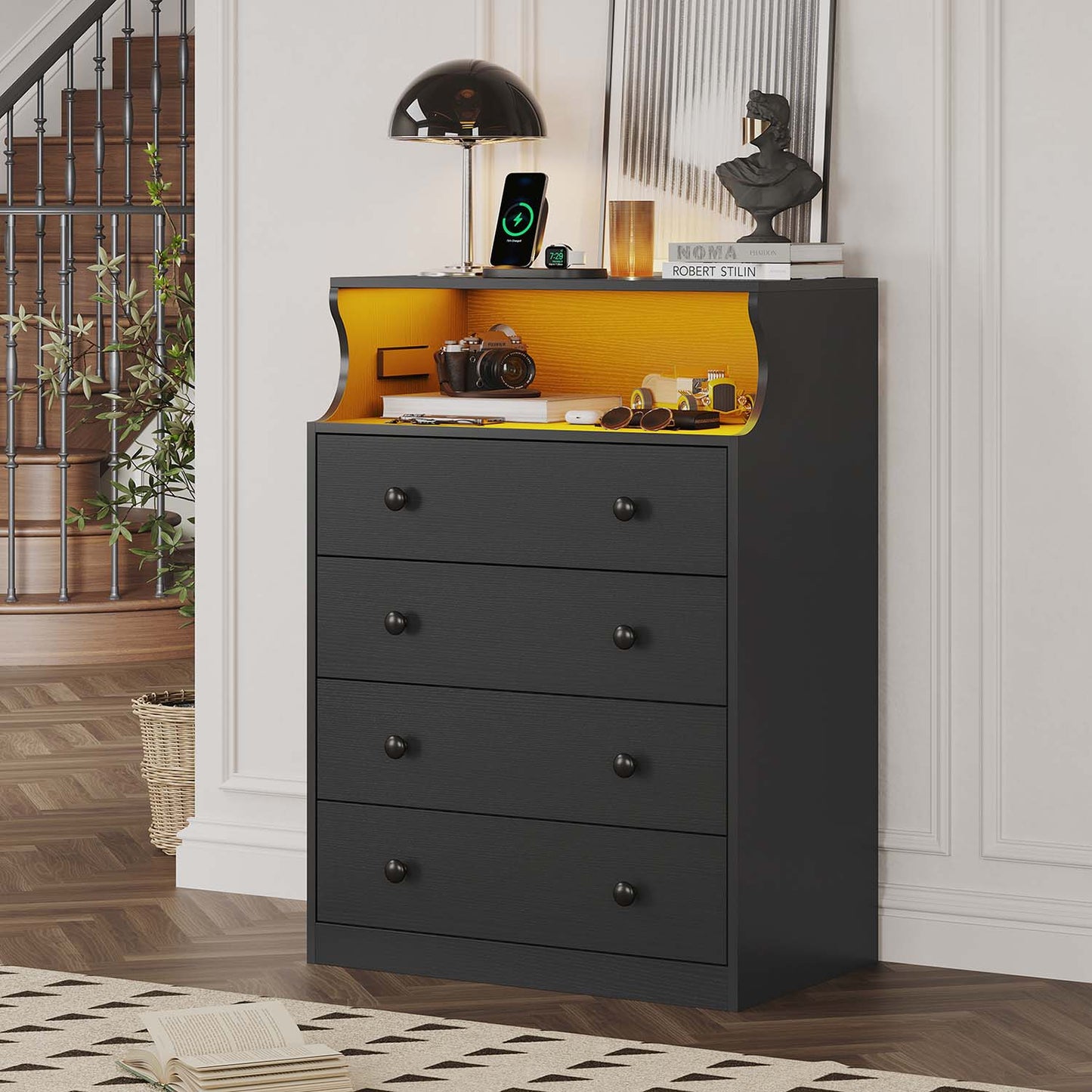 LED Tall Dresser with 4 Storage Drawers Black