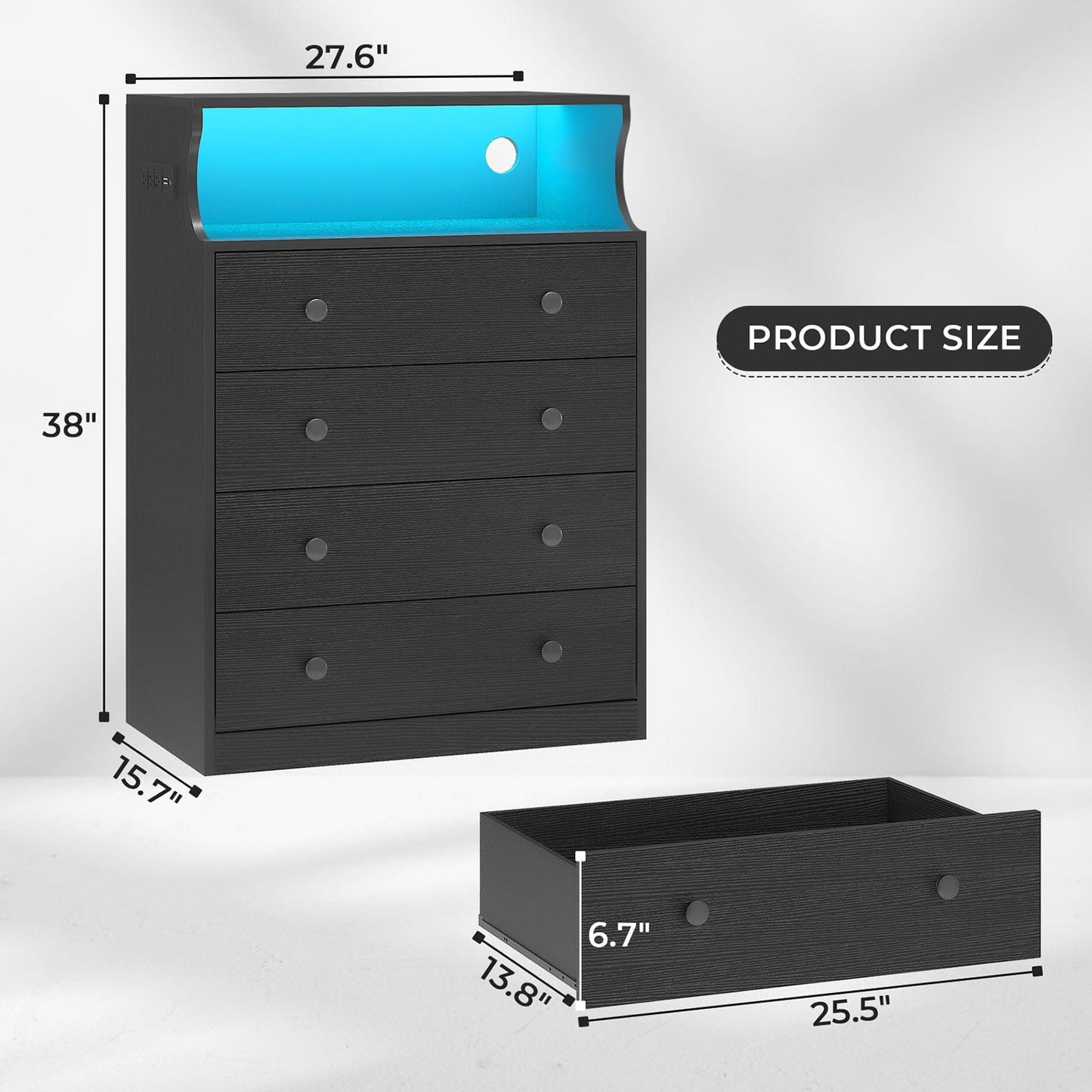 LED Tall Dresser with 4 Storage Drawers Black