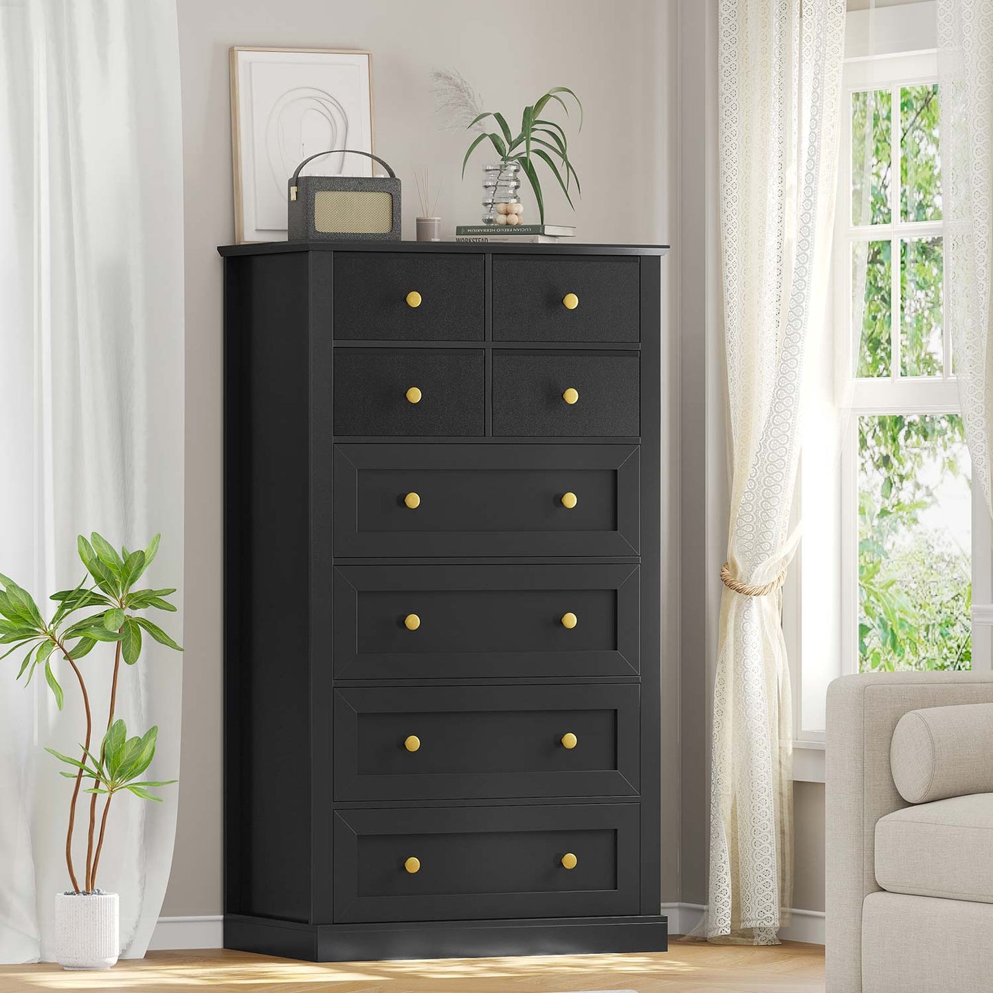55.1 Inches High Tall Dresser with 8 Drawers Black