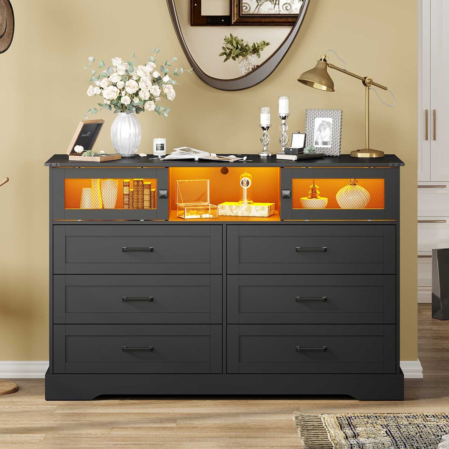 LED Dresser with 6 Storage Drawers Black