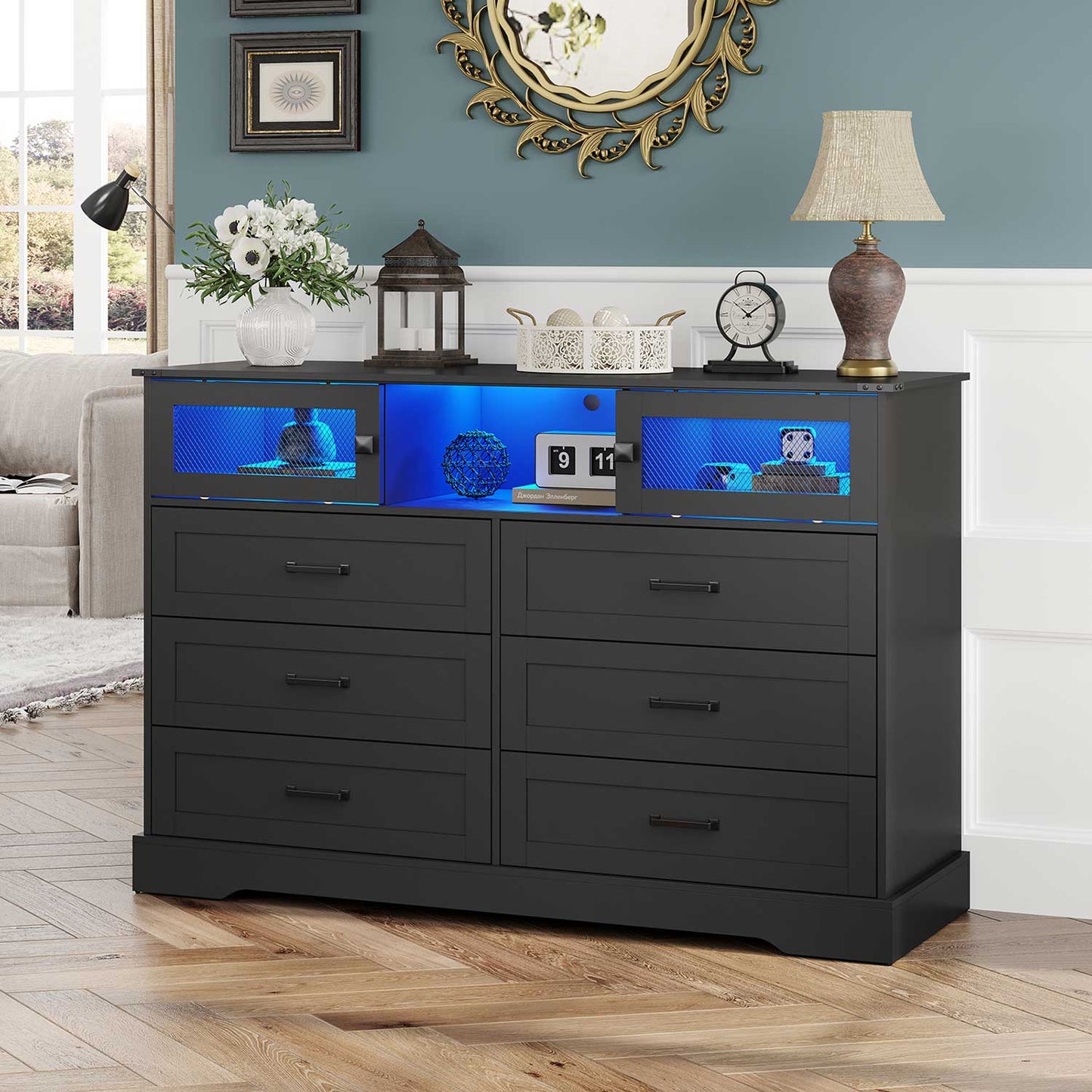 LED Dresser with 6 Storage Drawers Black
