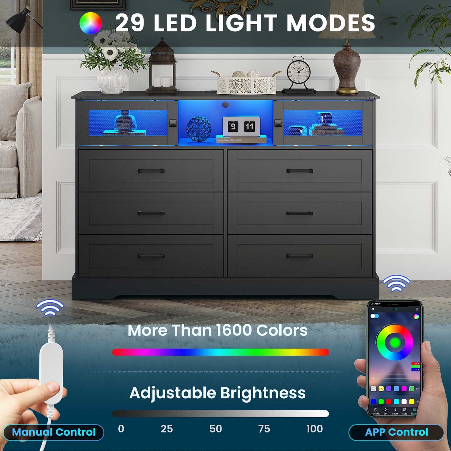 LED Dresser with 6 Storage Drawers Black