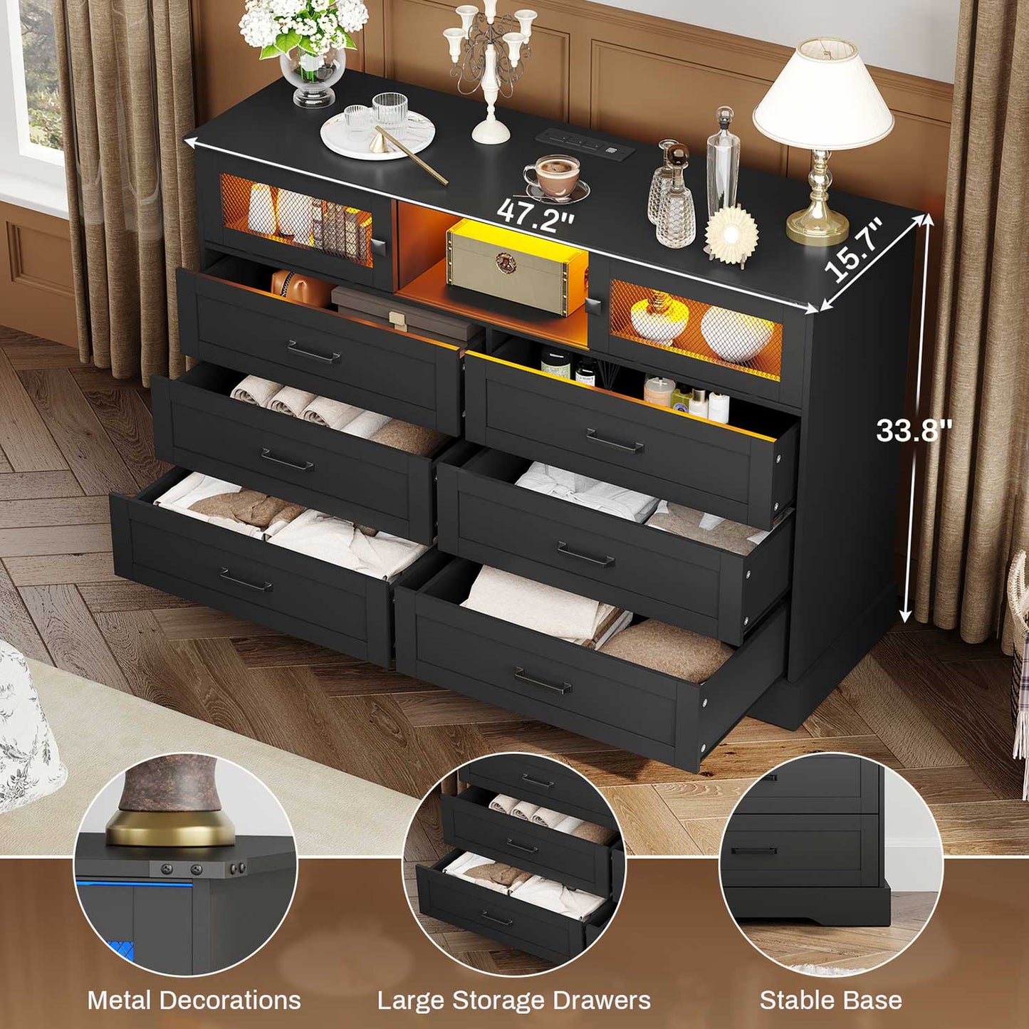 LED Dresser with 6 Storage Drawers Black