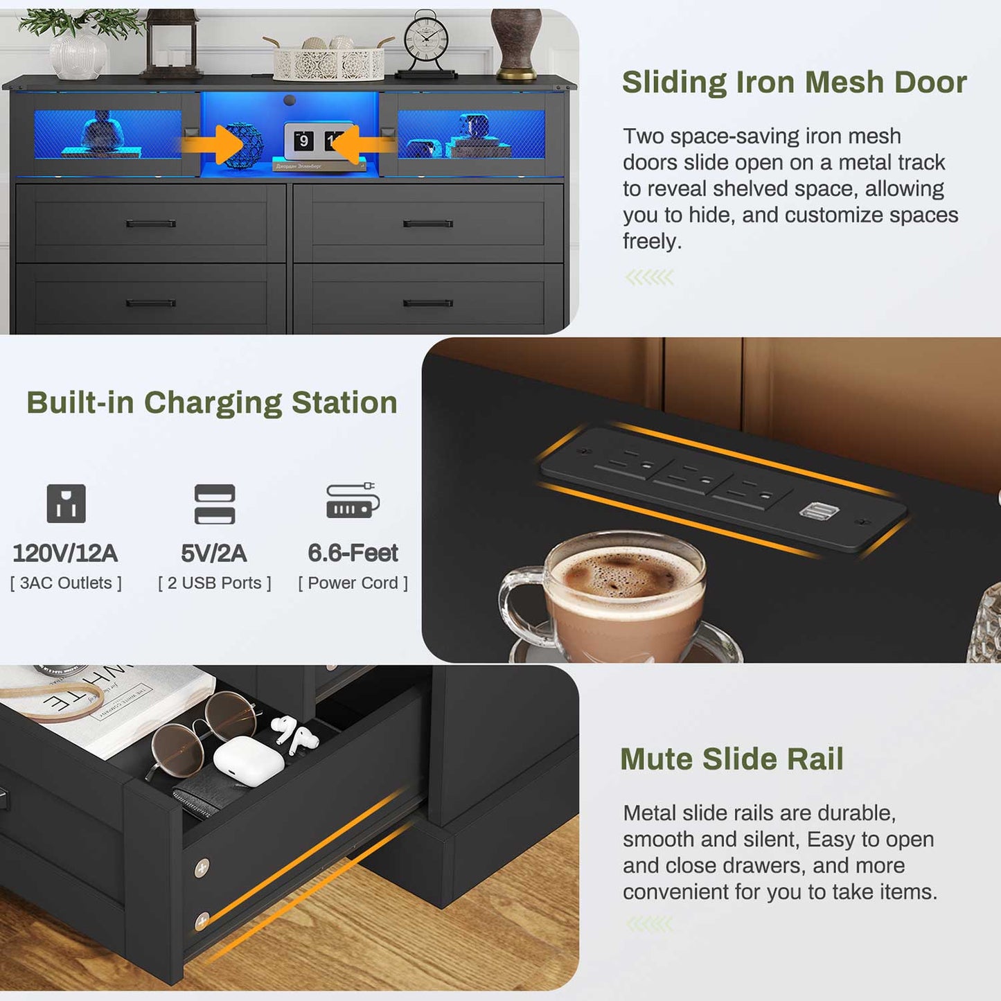 LED Dresser with 6 Storage Drawers Black