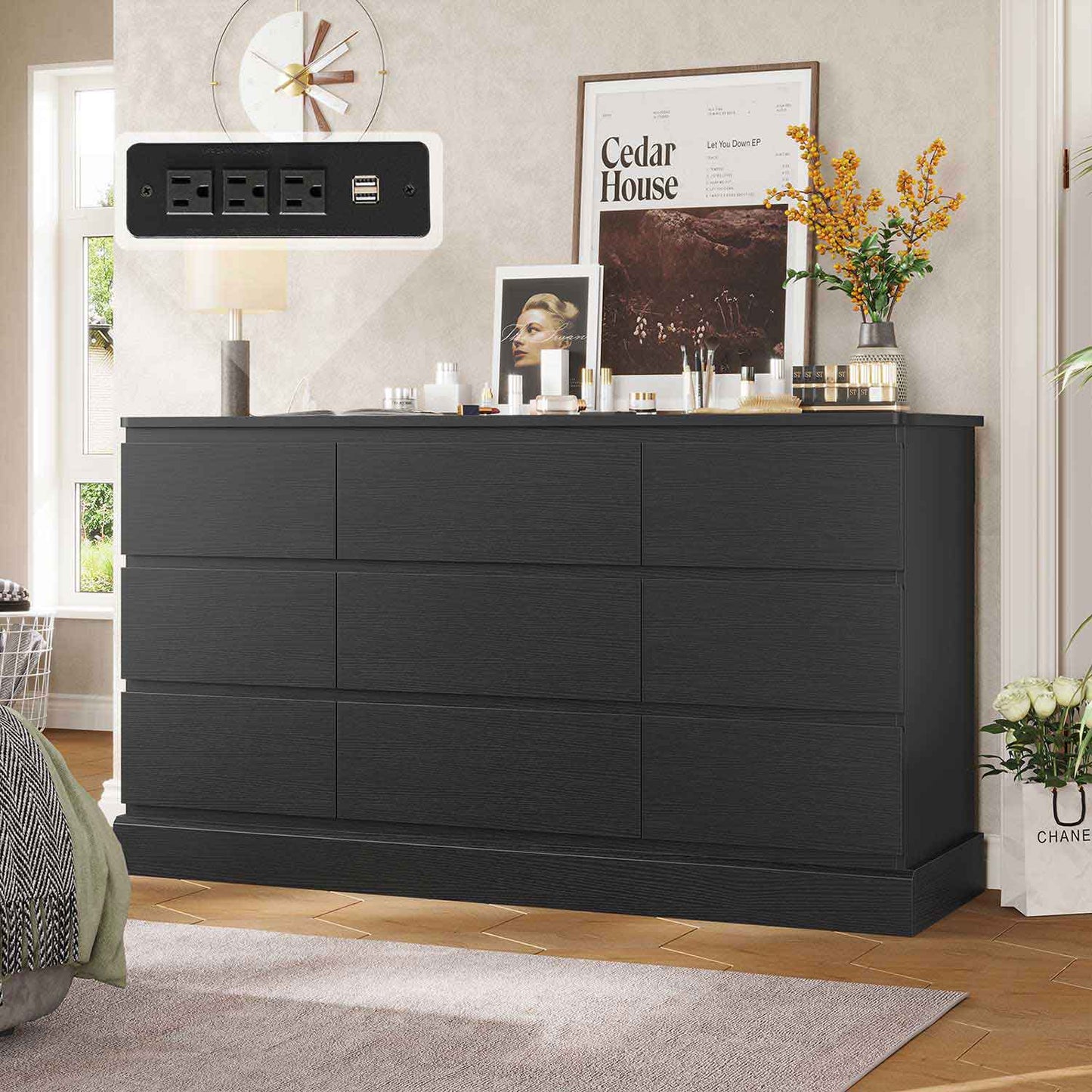 61.4 Inches Dresser with Power Outlets Black