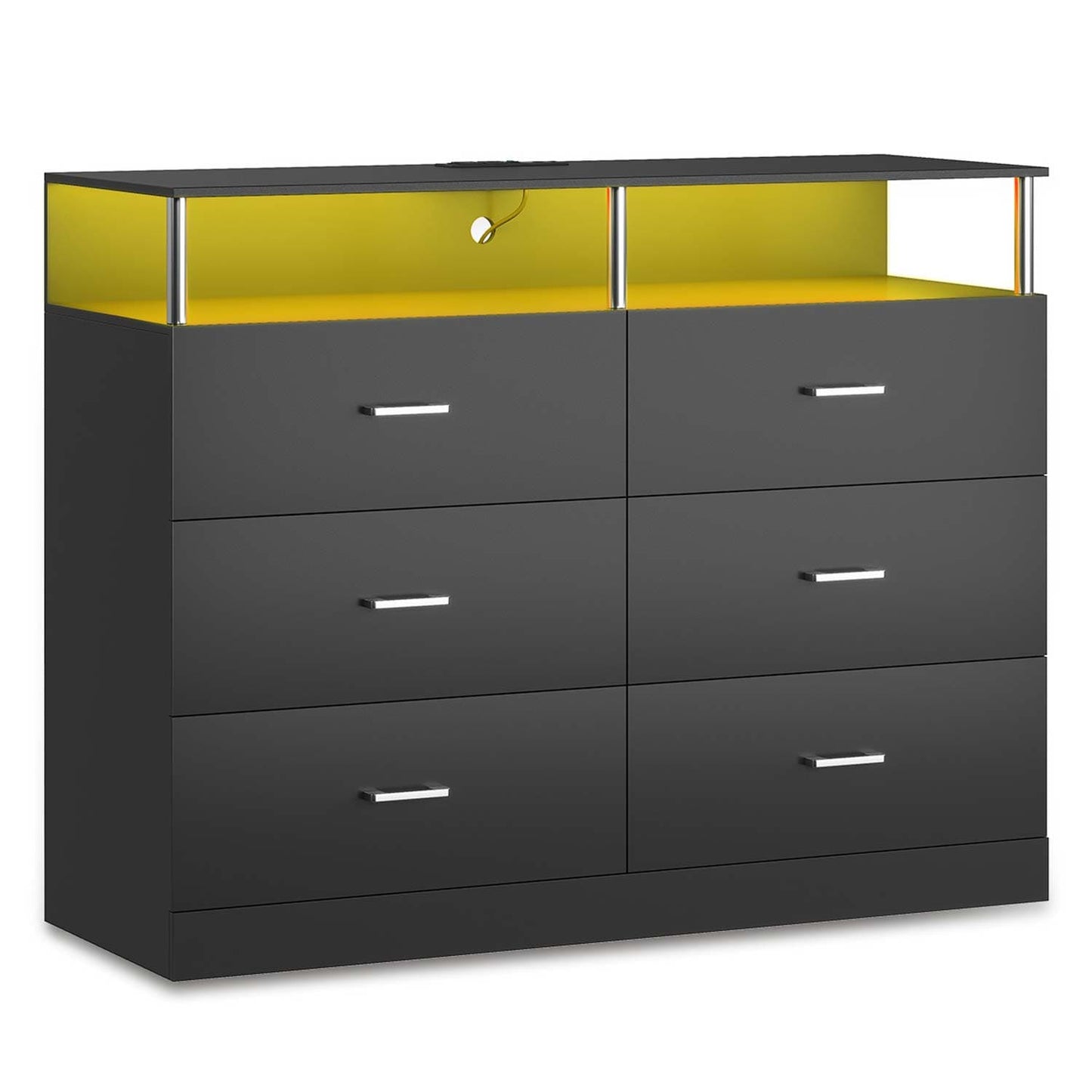 LED Wide Dresser with 6 Drawers Column Design Black