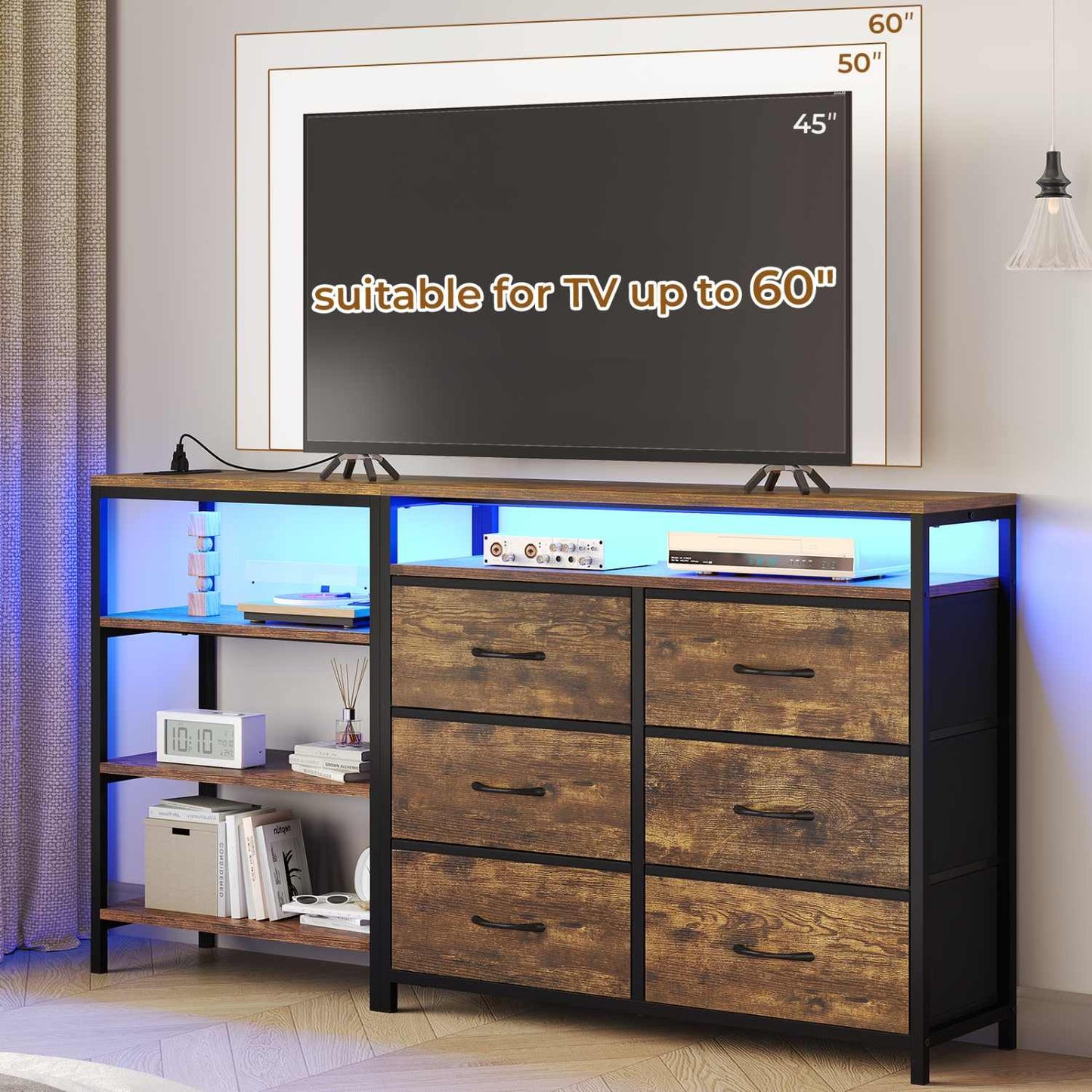 Corner L Shaped LED TV Stand Convertible Dresser Brown