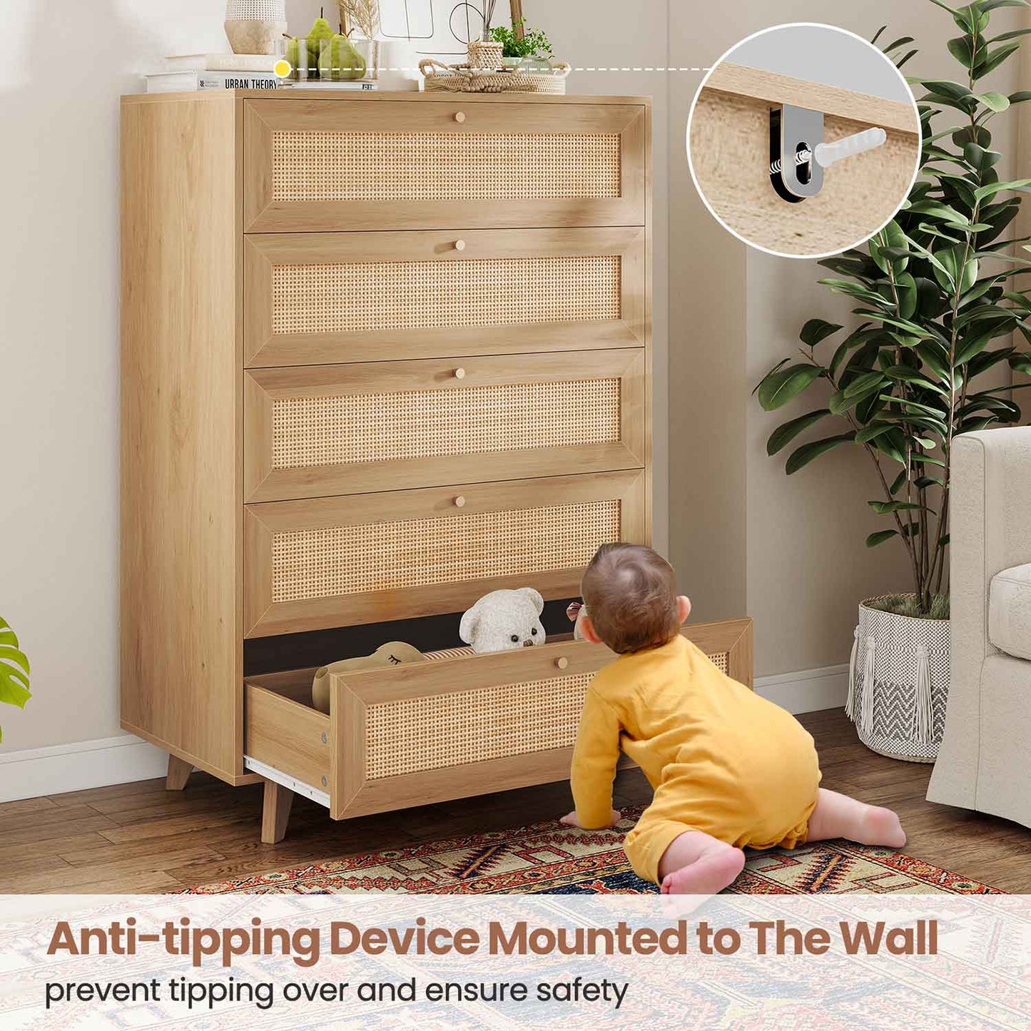 Natural Rattan Dresser with 5 Storage Drawers