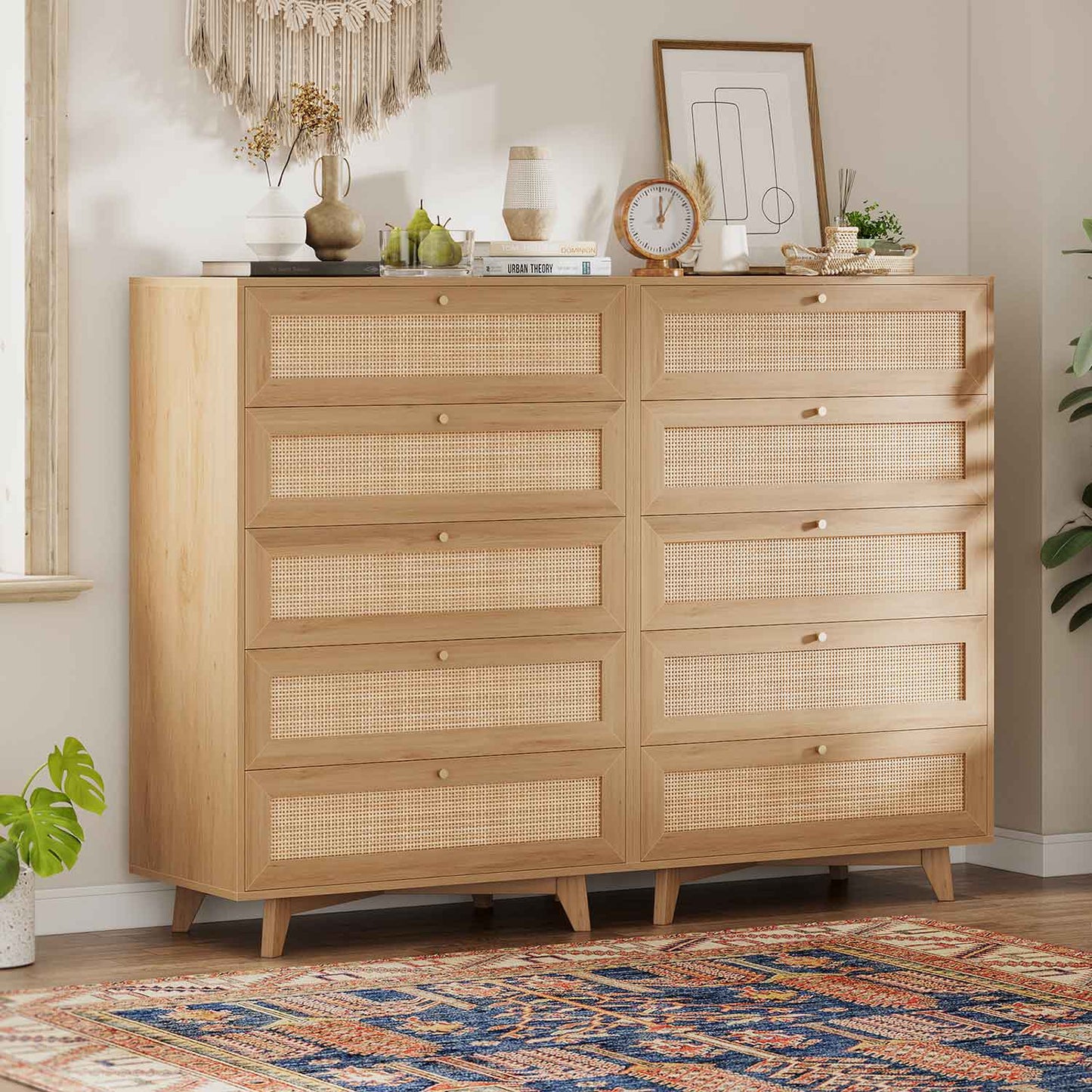 Natural Rattan Dresser with 5 Storage Drawers