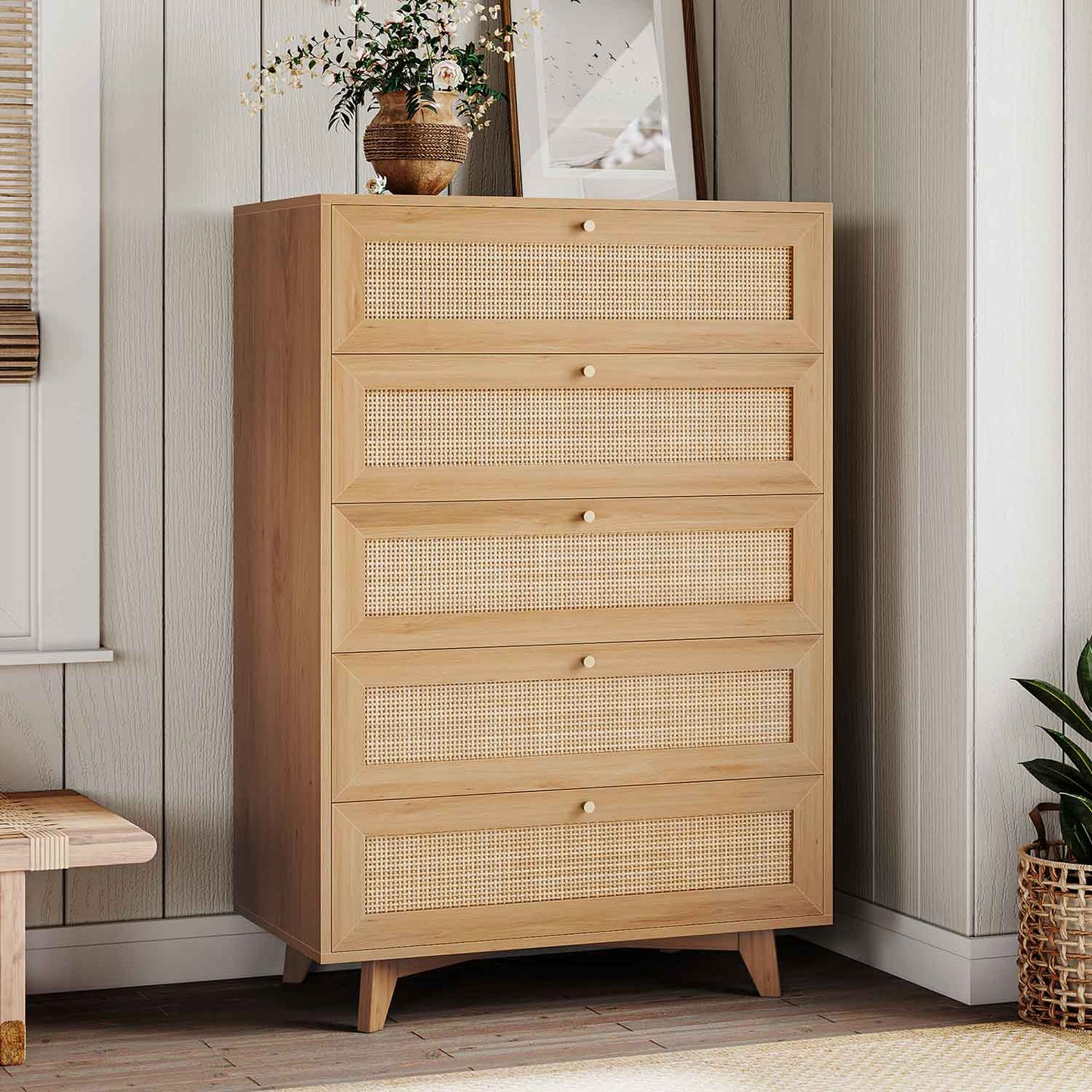 Natural Rattan Dresser with 5 Storage Drawers