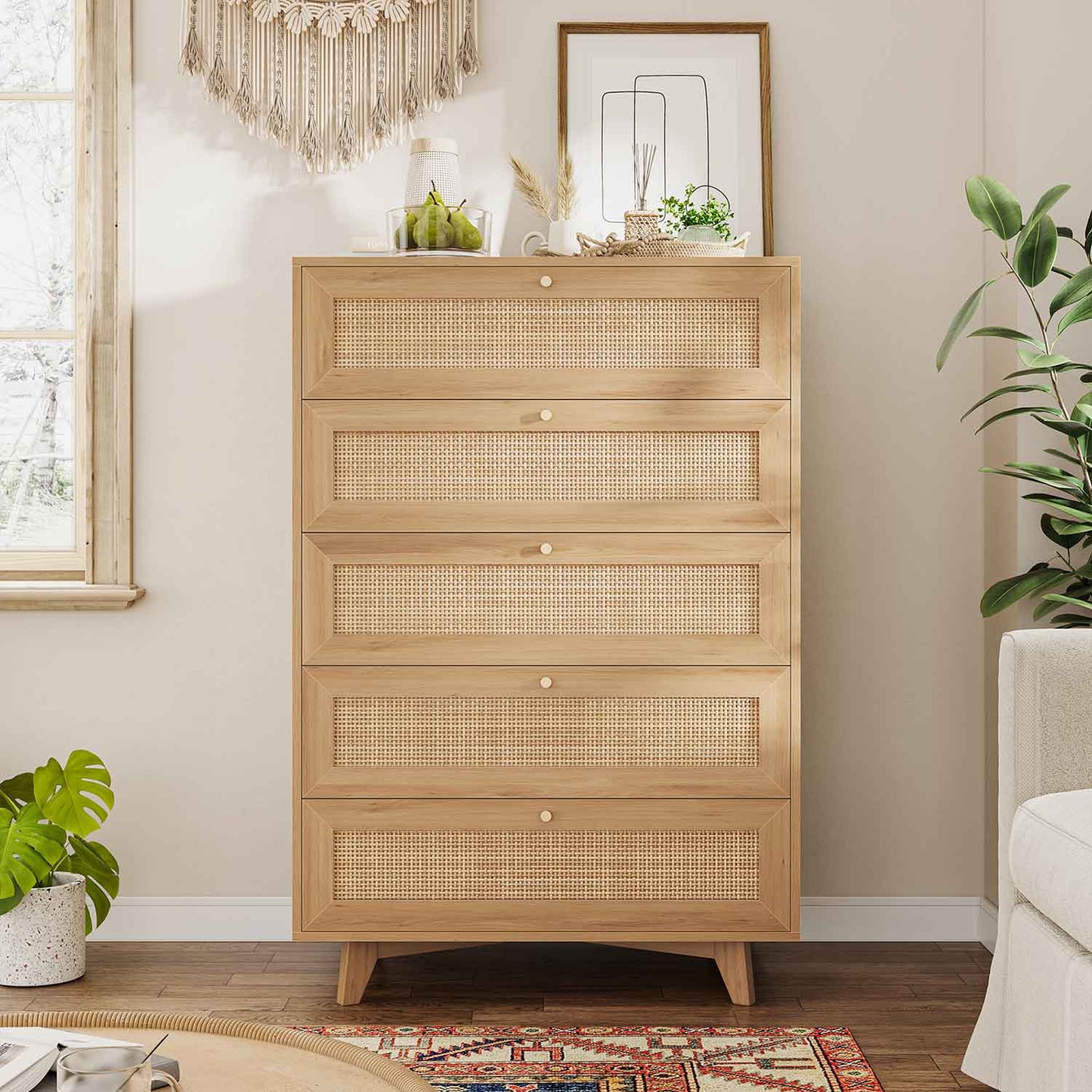 Natural Rattan Dresser with 5 Storage Drawers