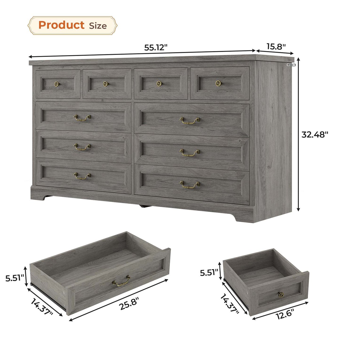 55 Inches Wide Dresser with 10 Storage Drawers Oak Grey