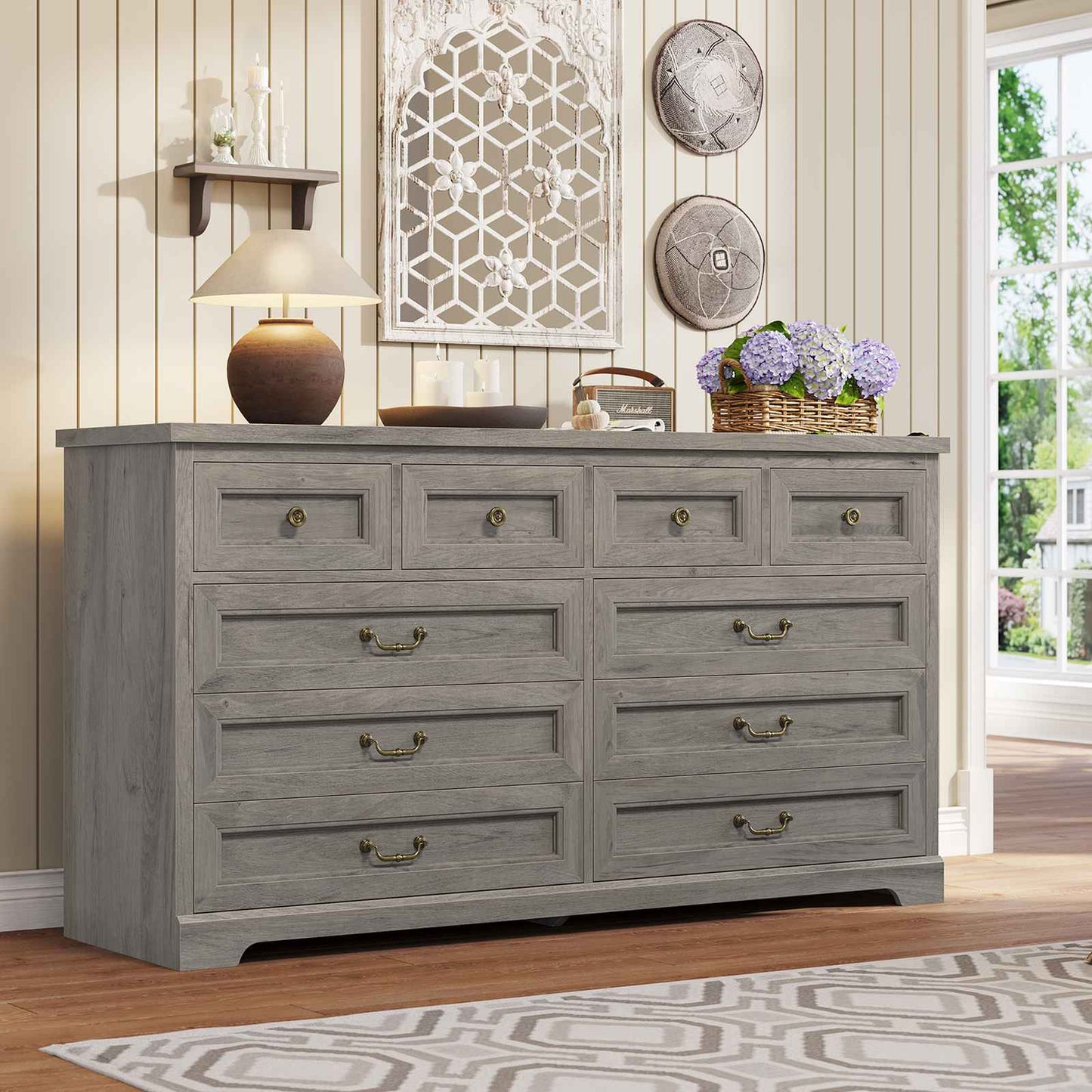 55 Inches Wide Dresser with 10 Storage Drawers Oak Grey