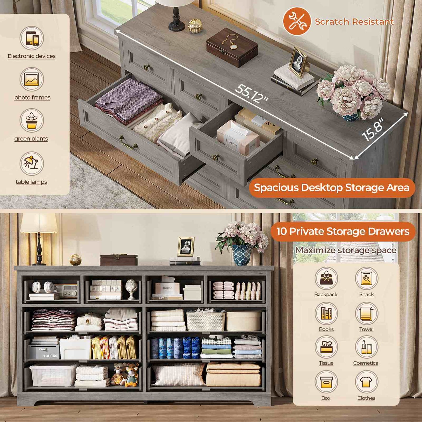 55 Inches Wide Dresser with 10 Storage Drawers Oak Grey