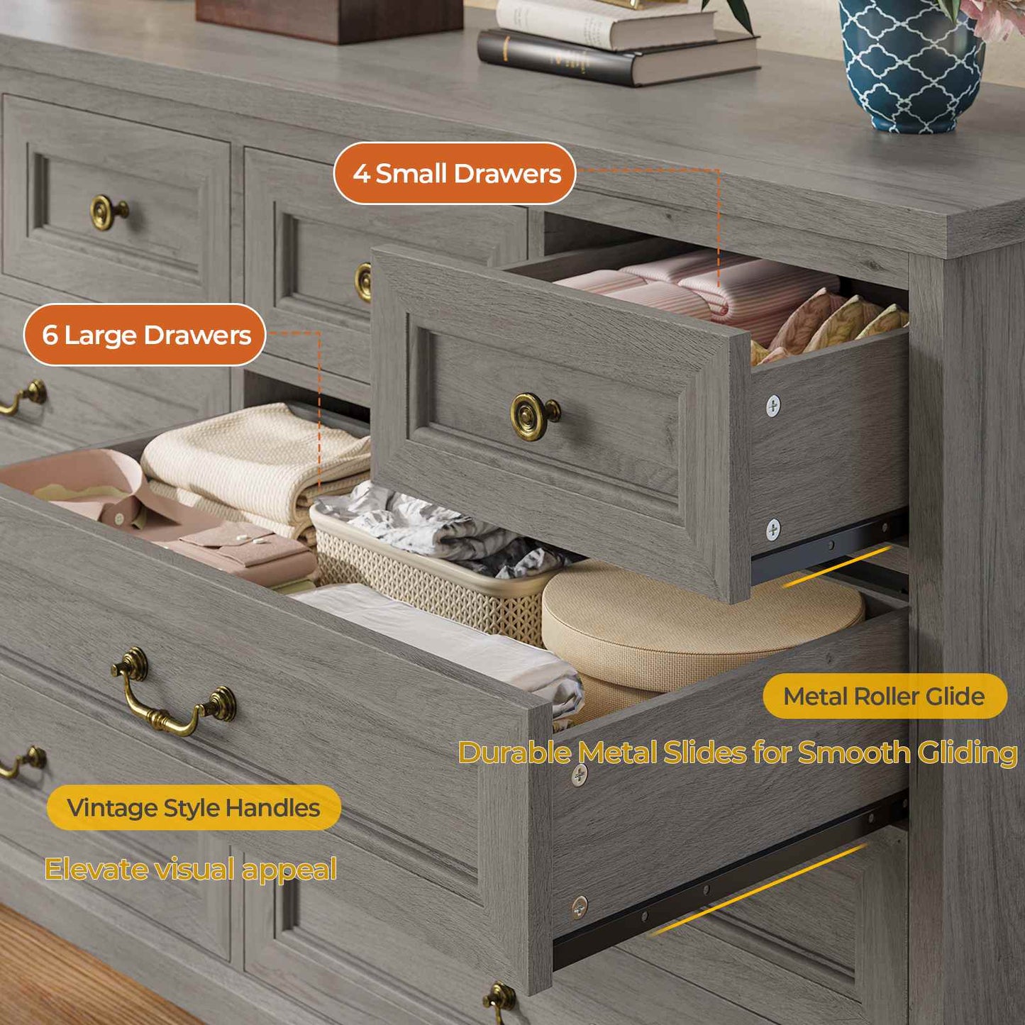 55 Inches Wide Dresser with 10 Storage Drawers Oak Grey