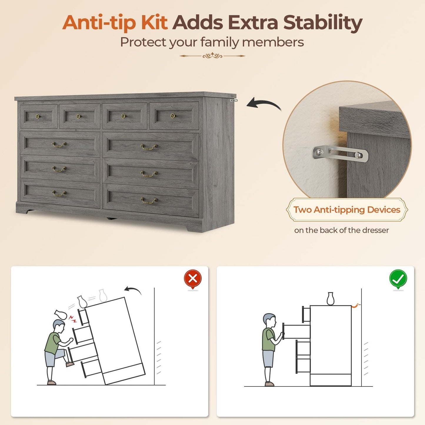 55 Inches Wide Dresser with 10 Storage Drawers Oak Grey