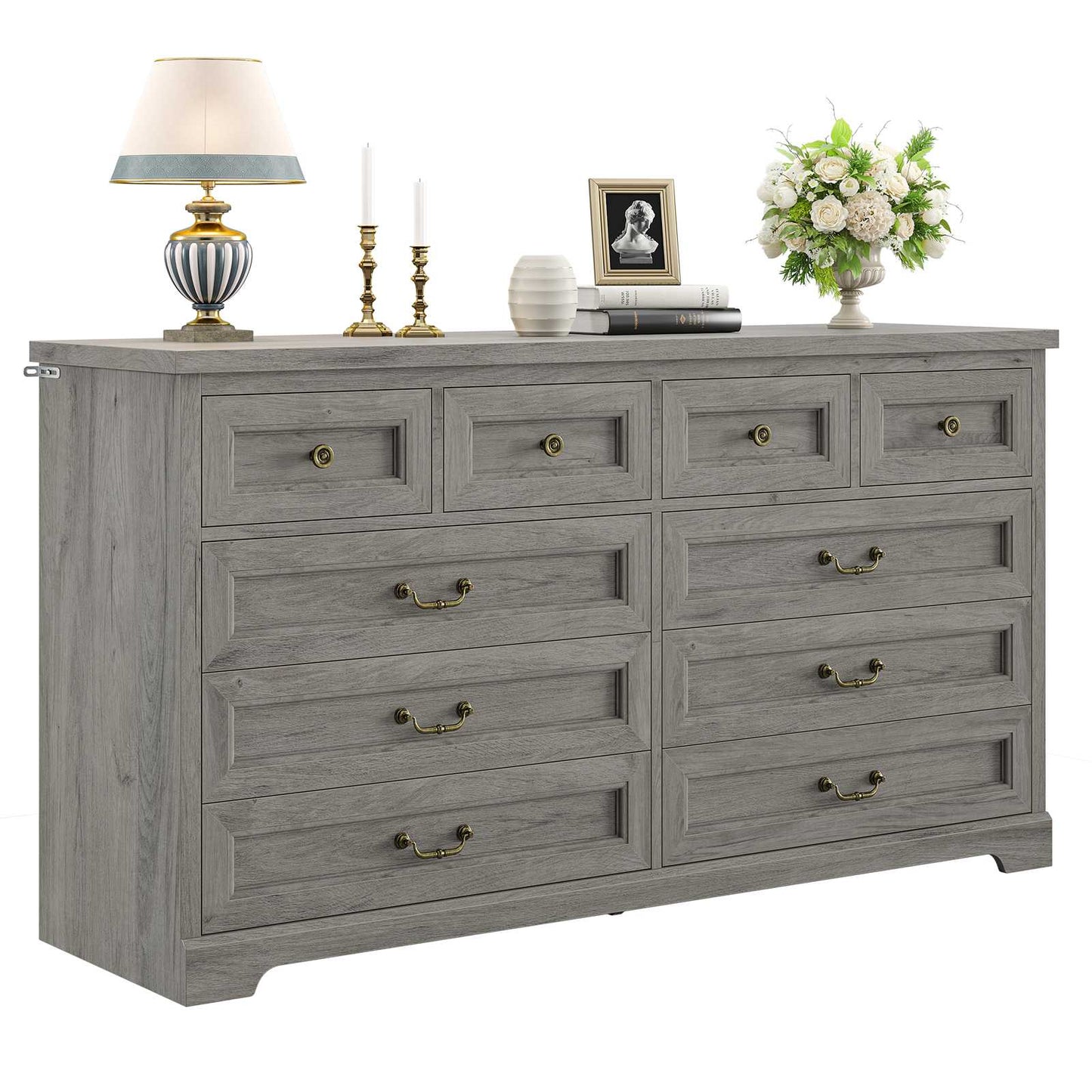 55 Inches Wide Dresser with 10 Storage Drawers Oak Grey