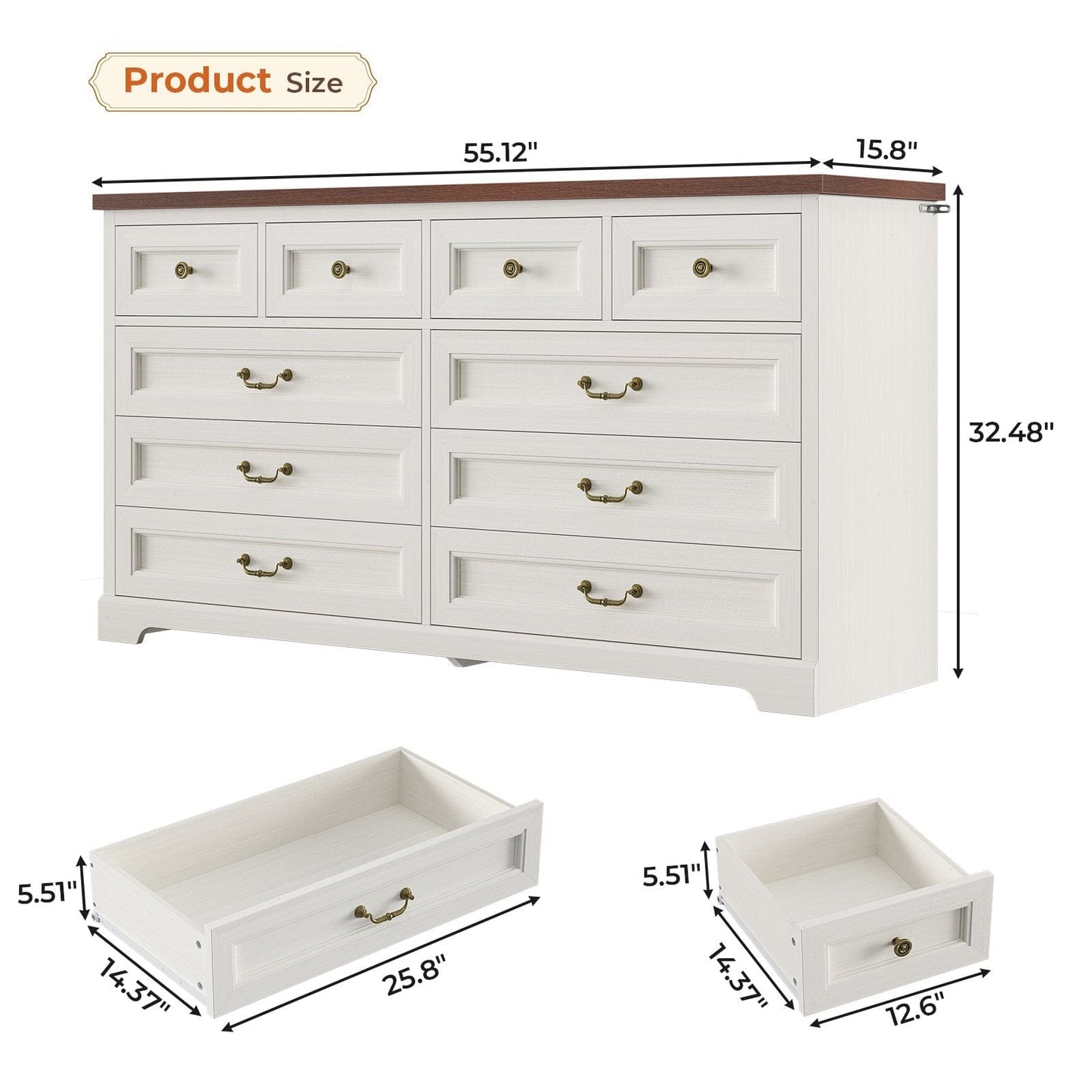 55 Inches Wide Dresser with 10 Storage Drawers White