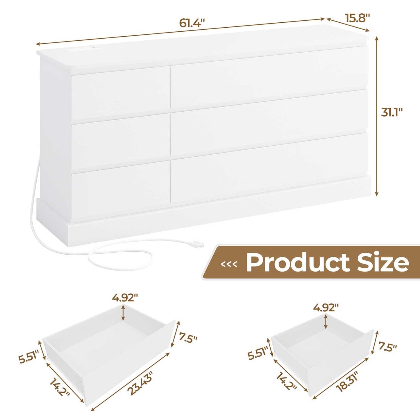 61.4 Inches Dresser with Power Outlets White