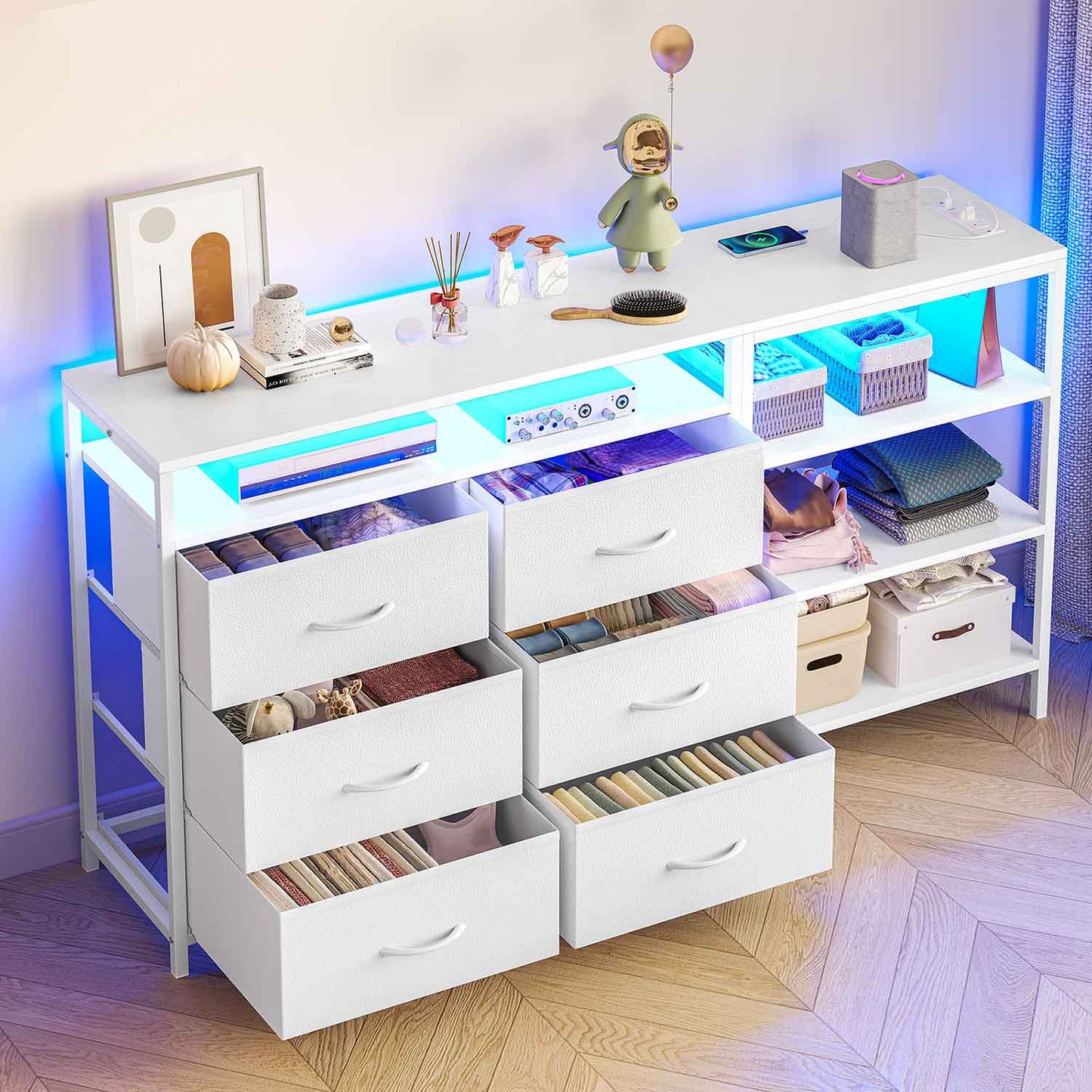 Corner L Shaped LED TV Stand Convertible Dresser White