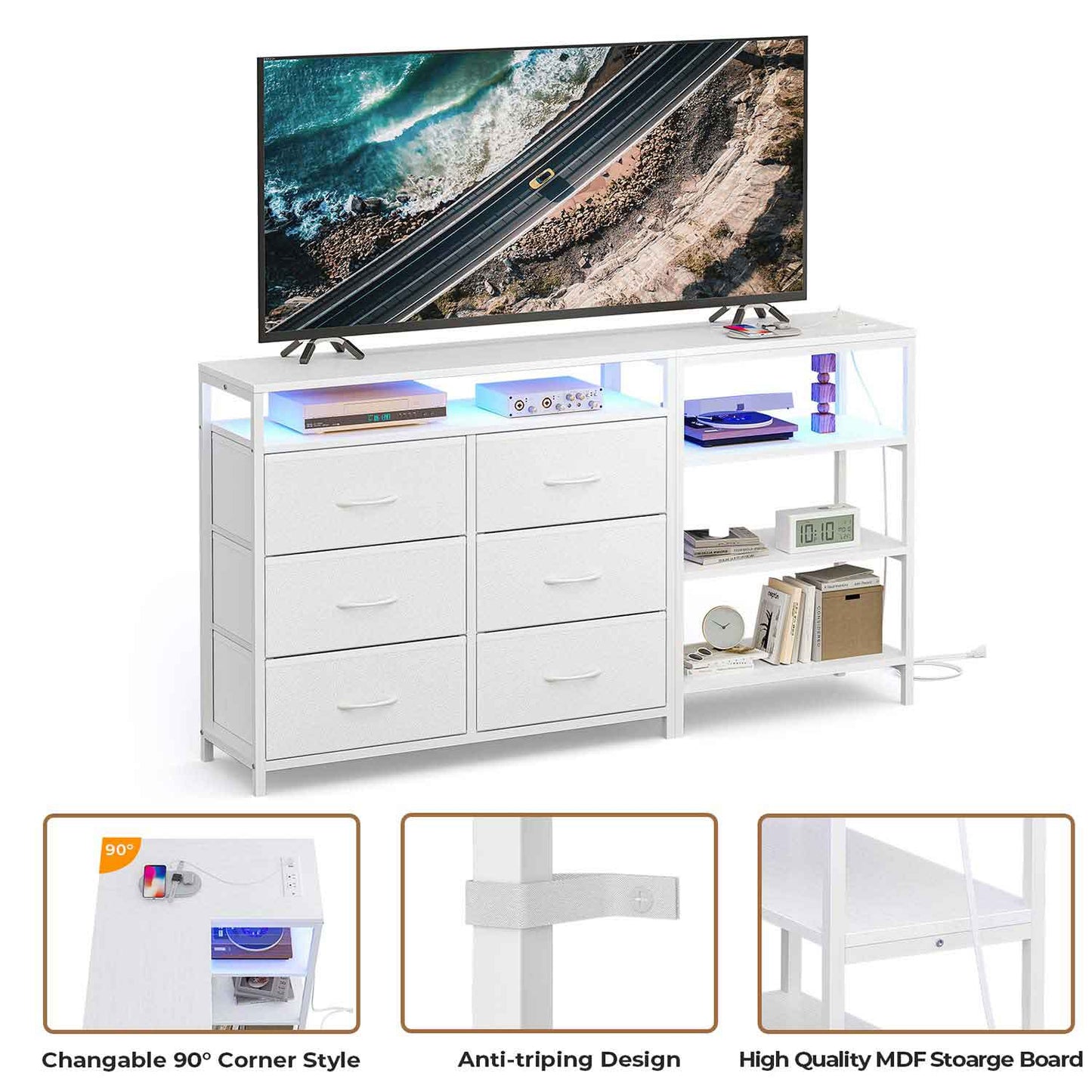 Corner L Shaped LED TV Stand Convertible Dresser White