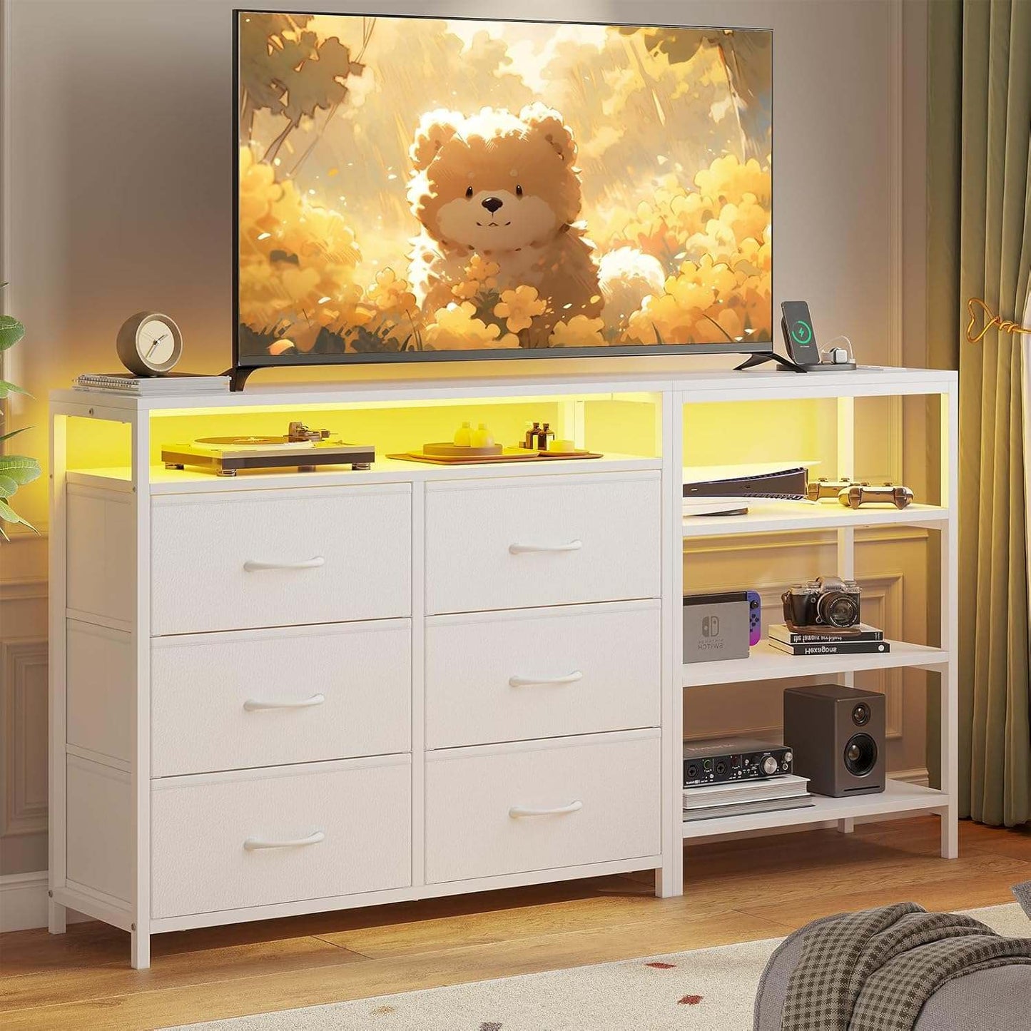 Corner L Shaped LED TV Stand Convertible Dresser White