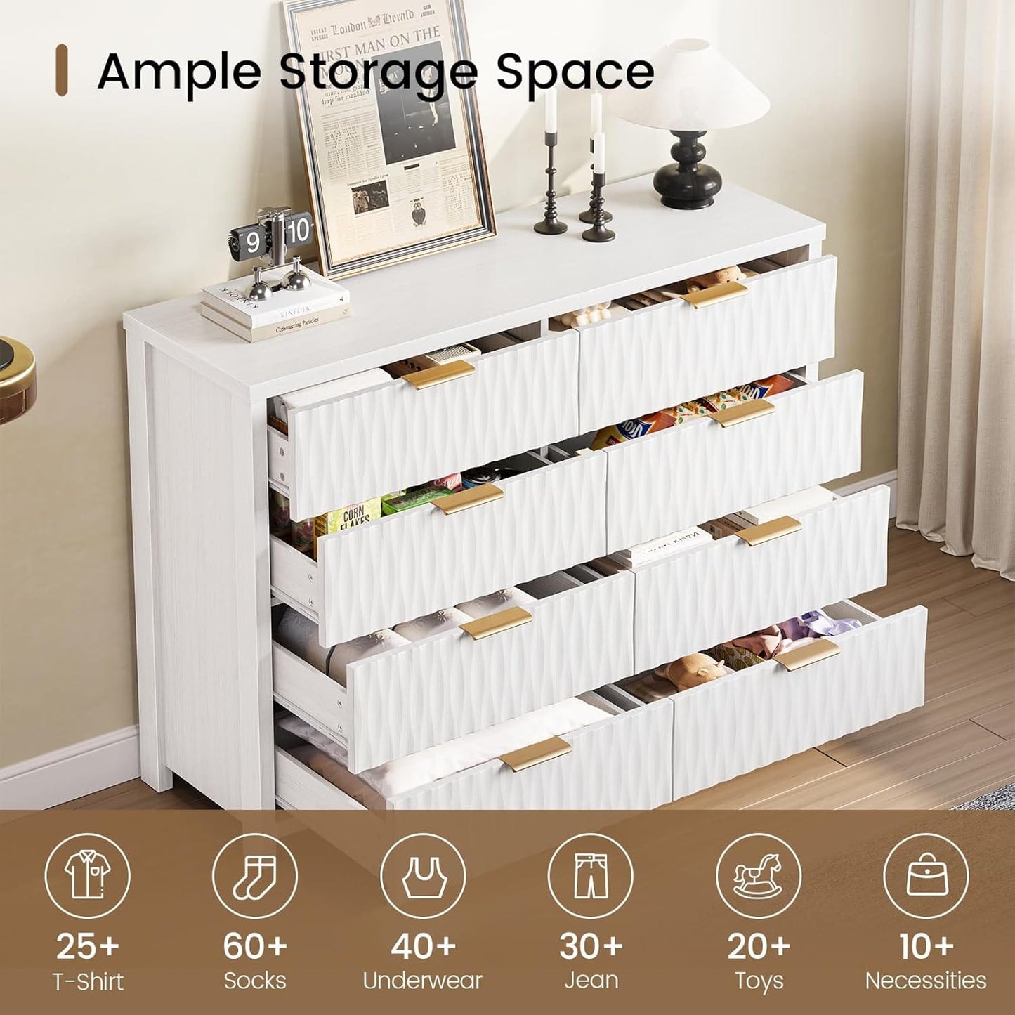 Fluted Dresser with 8 Drawers White