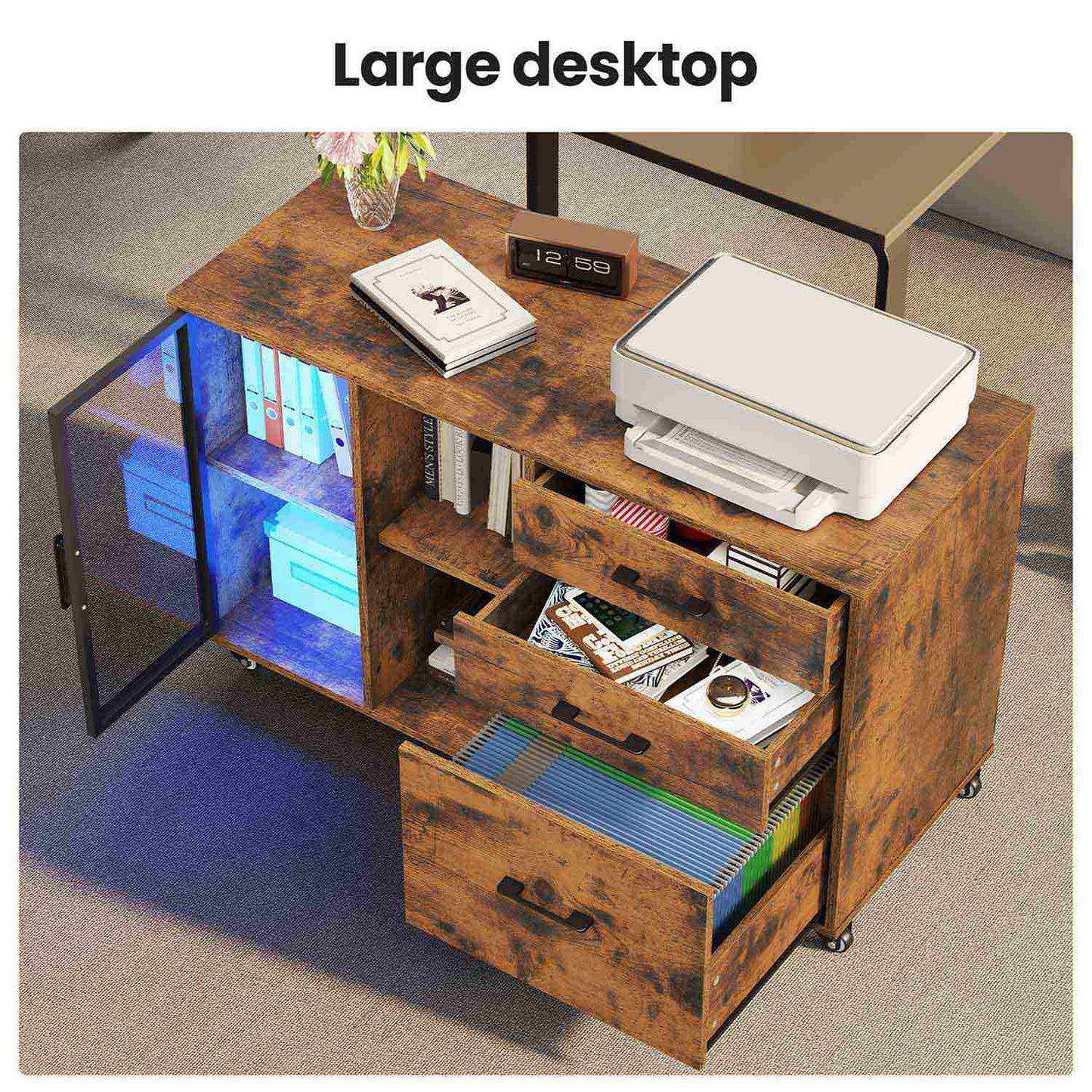 39.4 Inches Mobile File Cabinet with LED Brown
