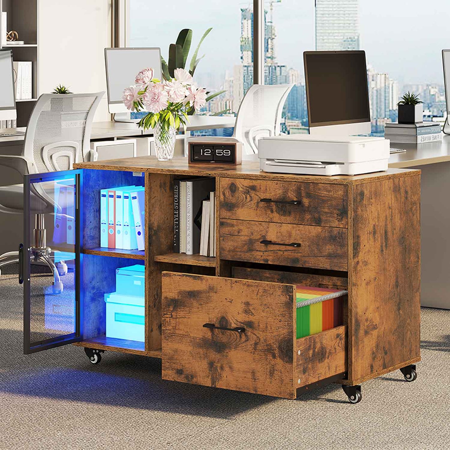 39.4 Inches Mobile File Cabinet with LED Brown