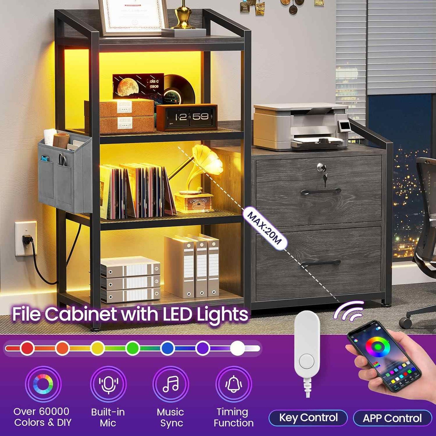 35.4 Inches LED File Cabinet Grey