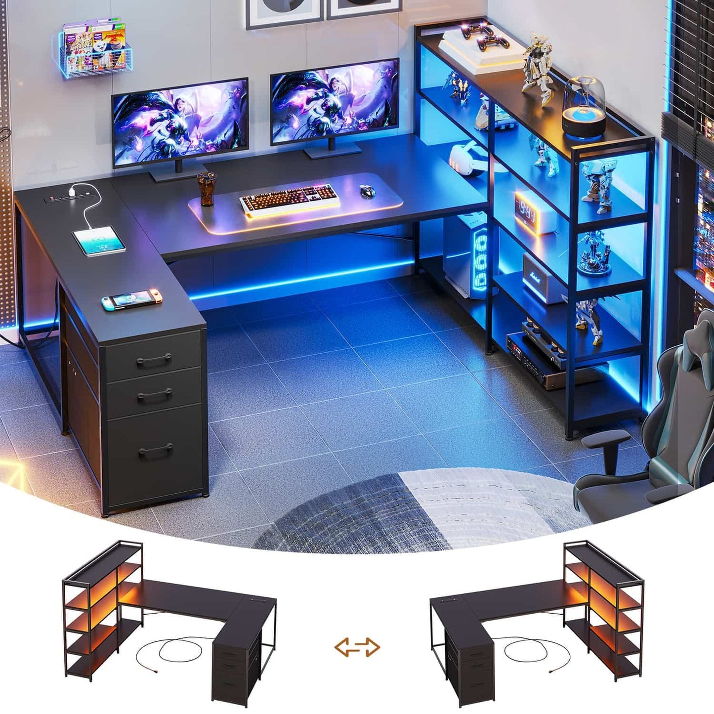64.5 Inches Reversible U Shaped LED Gaming Desk Black