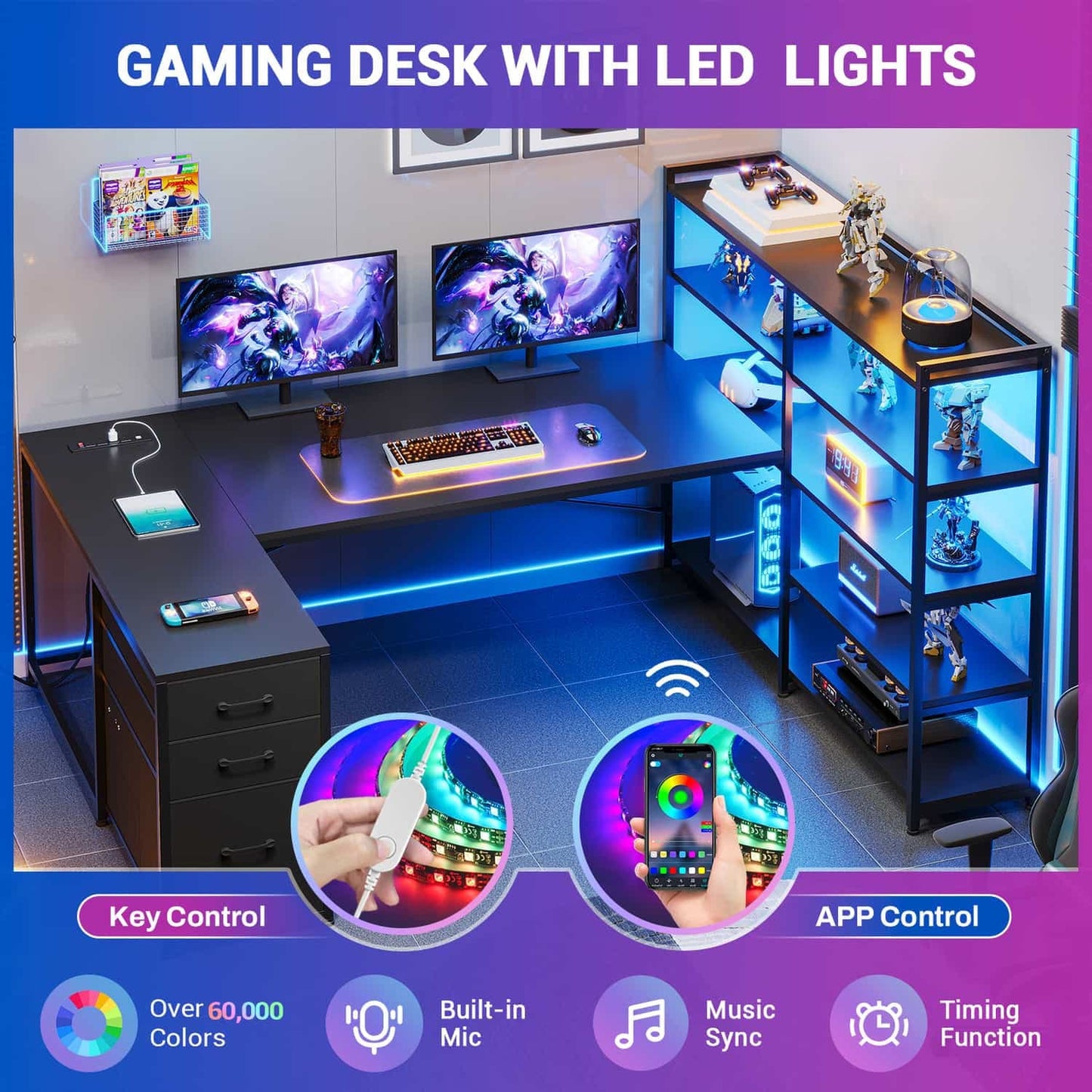 64.5 Inches Reversible U Shaped LED Gaming Desk Black