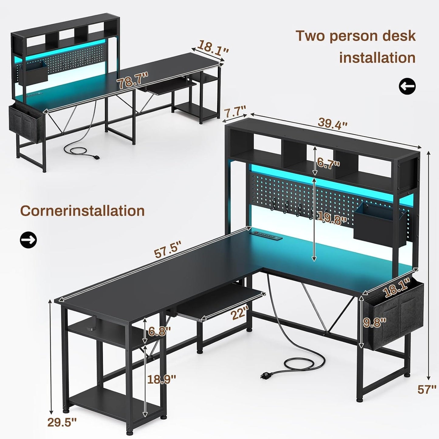 57.5 Inches Reversible L Shaped LED Gaming Desk with Power Outlet Black