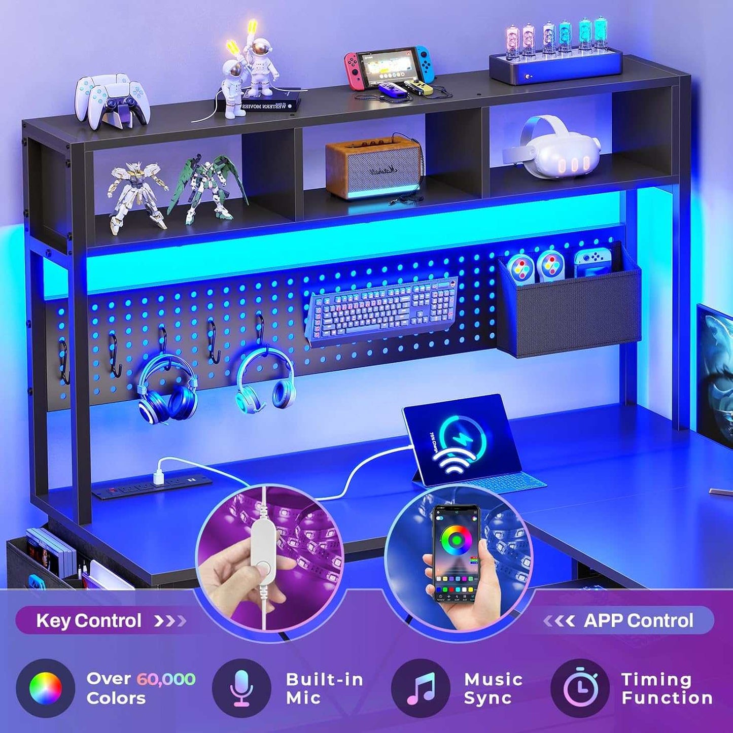 57.5 Inches Reversible L Shaped LED Gaming Desk with Power Outlet Black