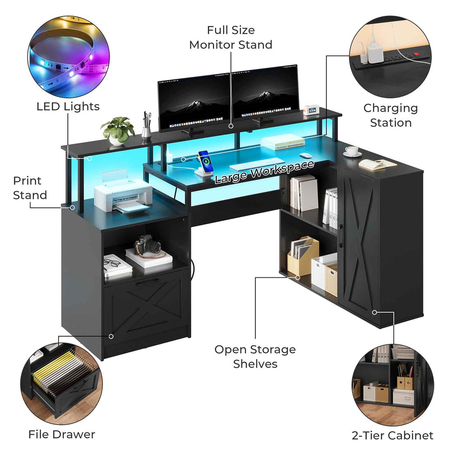 35.6 Inches L Shaped LED Gaming Desk Black