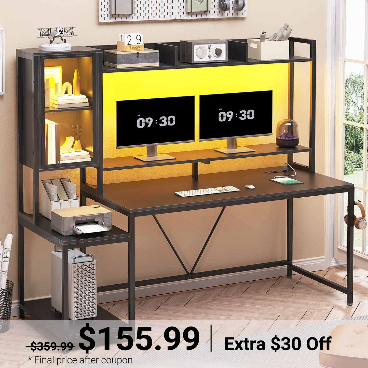 60 Inches LED Gaming Desk With Power Outlet Black