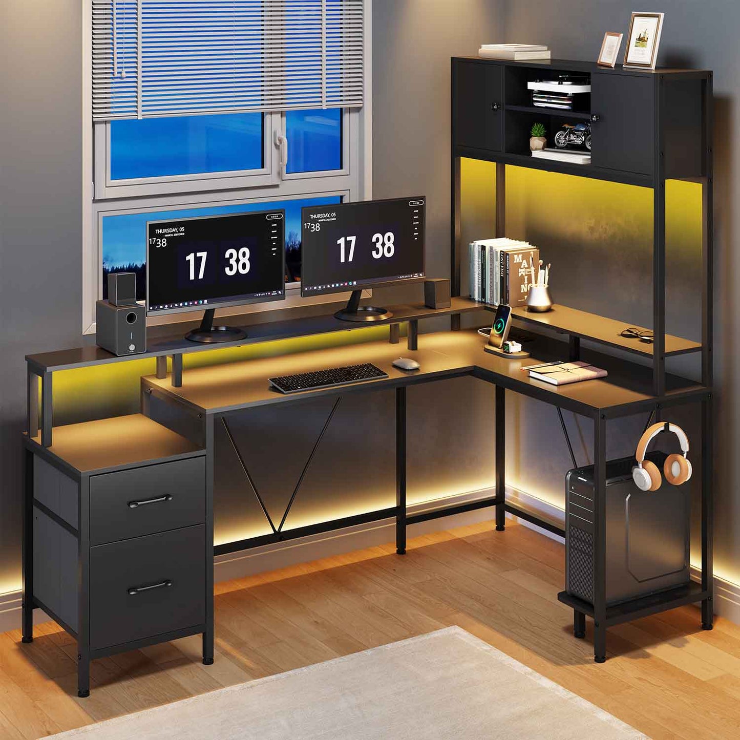 Reversible L-Shaped Led Gaming Desk Black