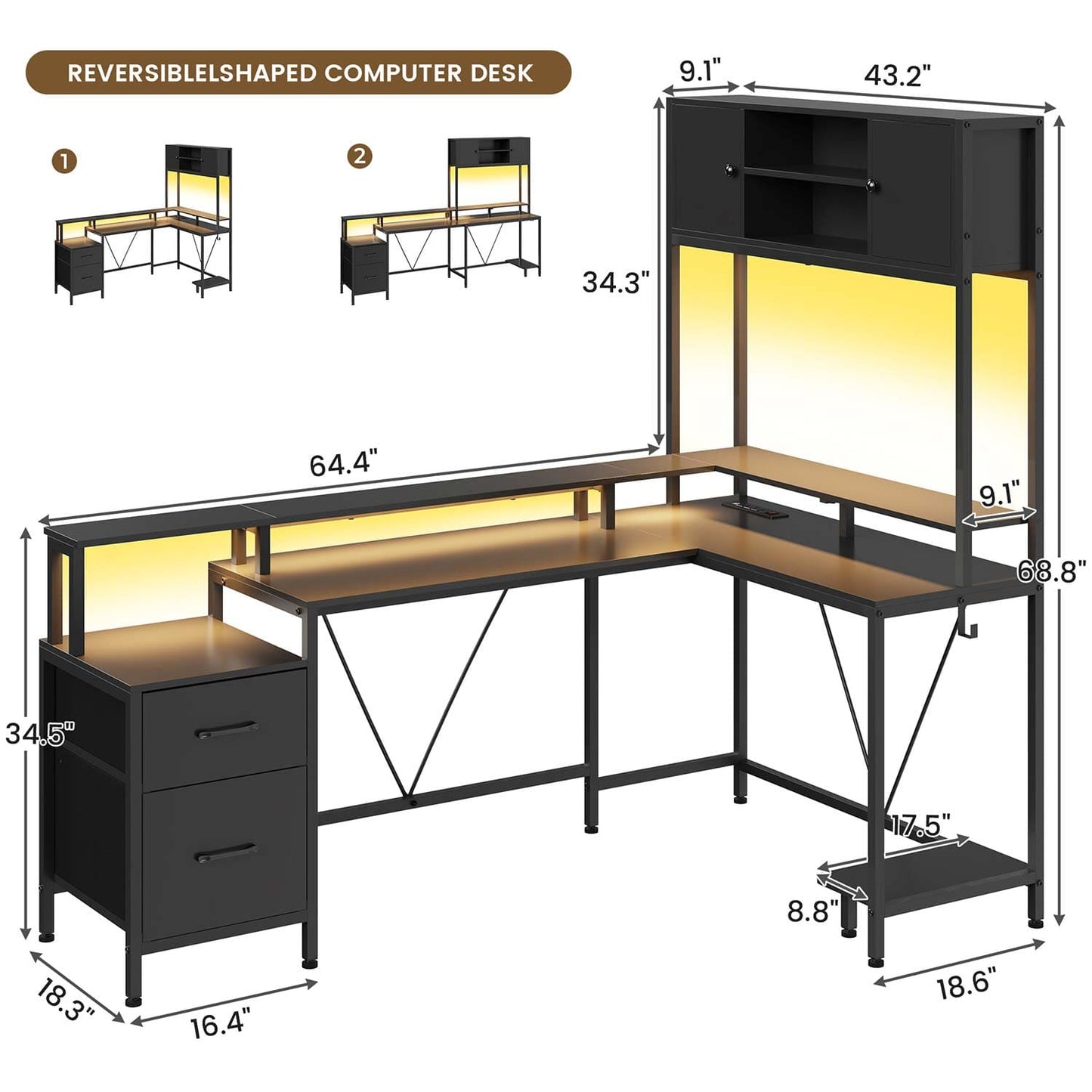 Reversible L-Shaped Led Gaming Desk Black